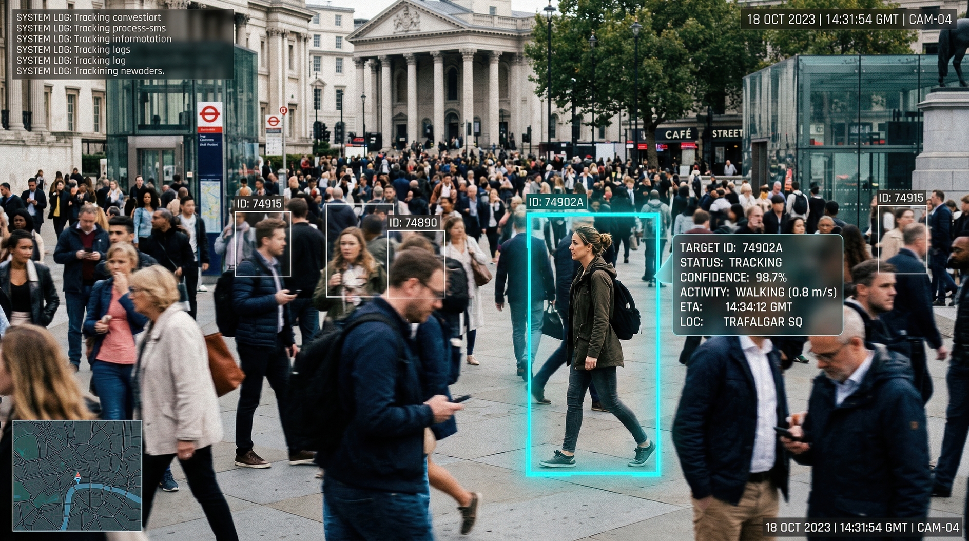 Crowd surveillance and facial recognition tracking in Trafalgar Square London during busy afternoon