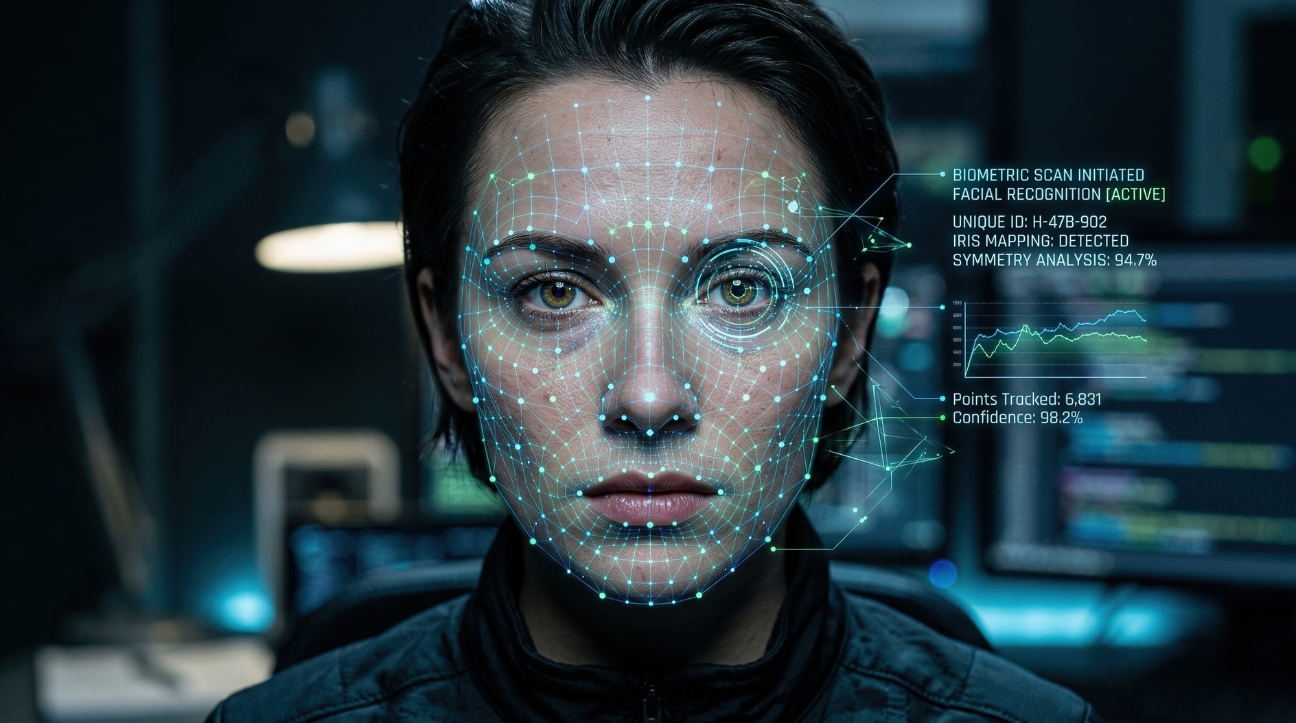Biometric facial recognition analysis with holographic data overlay in dimly lit futuristic tech lab