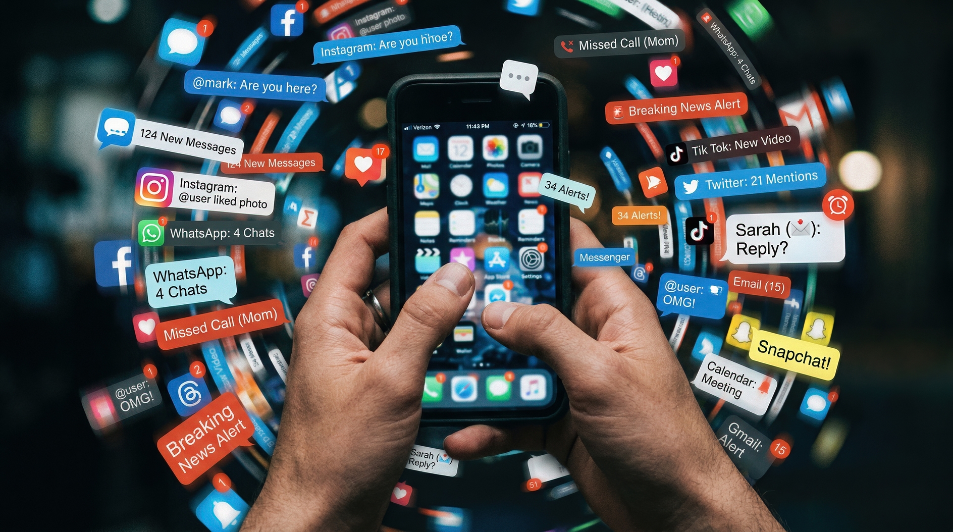 Hands Holding Smartphone Surrounded by Colorful Social Media Notifications and Alerts at Night