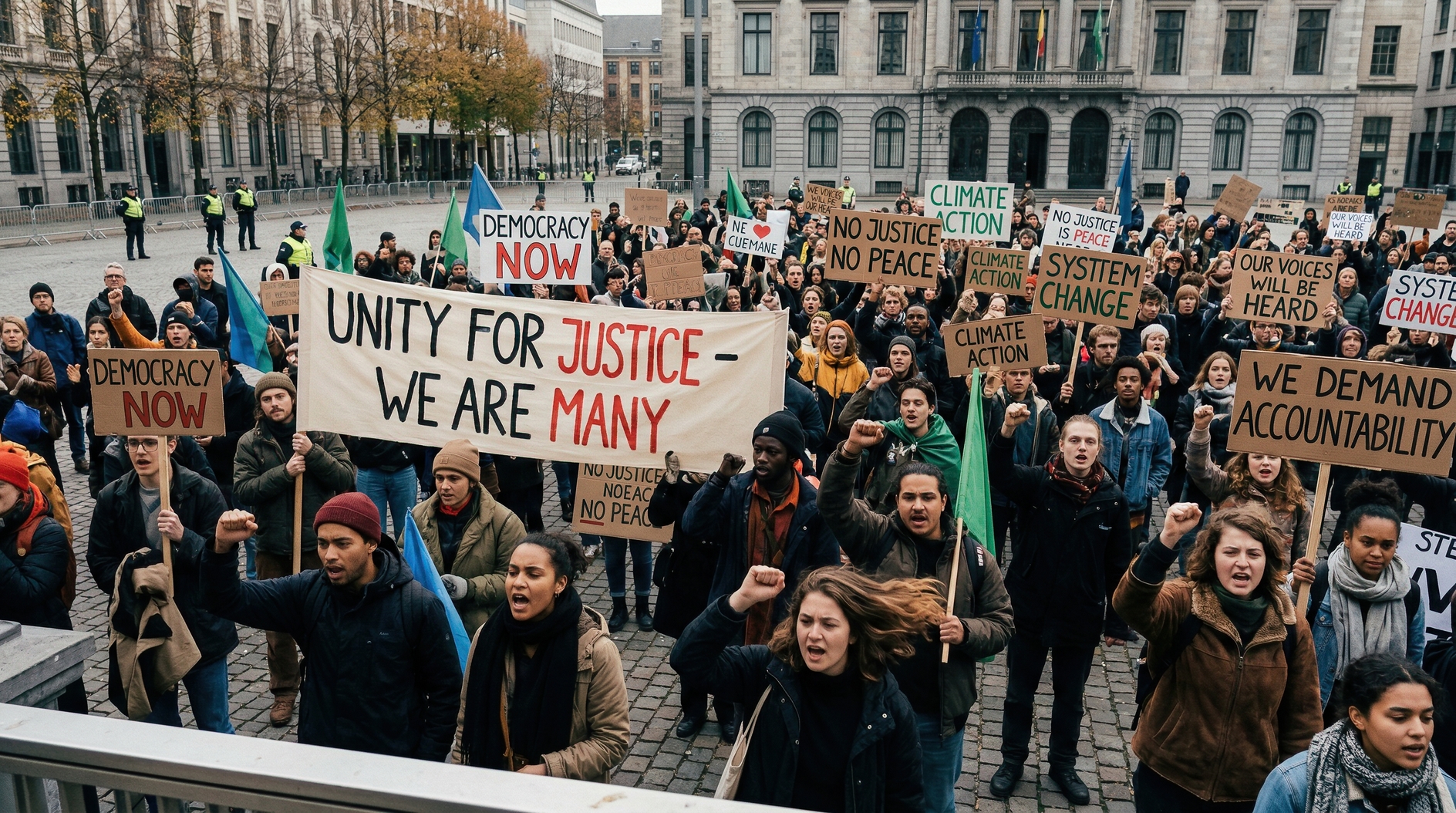 Large crowd protesting for justice and climate action in city square during autumn afternoon