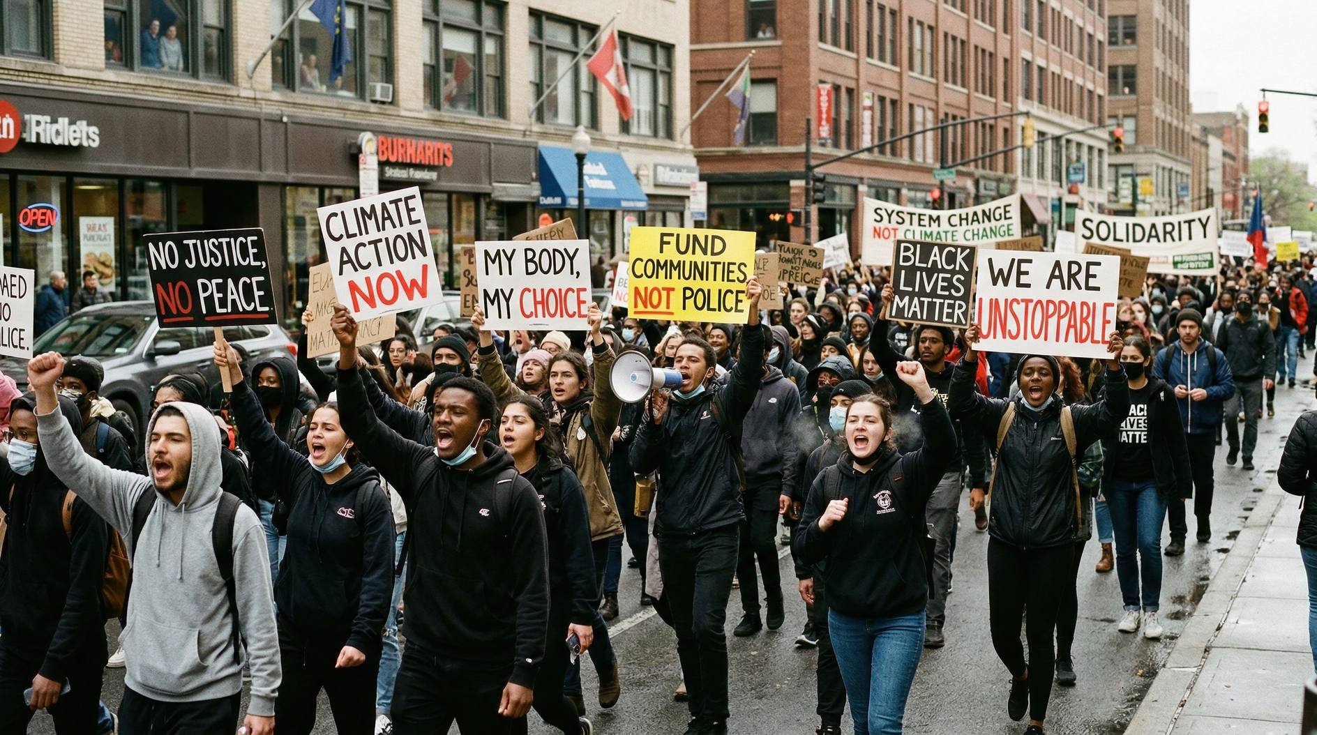 Diverse crowd marching in city street protest demanding justice and climate action on rainy day