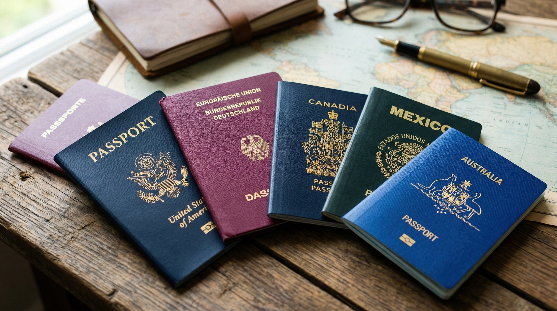 Assorted International Passports on Wooden Table with World Map and Travel Accessories