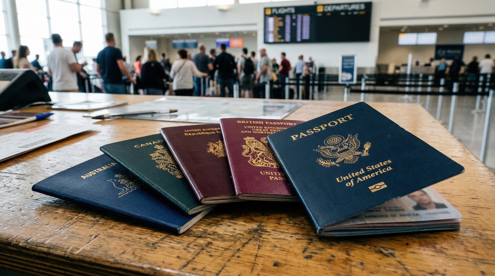 Assorted international passports on wooden counter at busy airport departure terminal