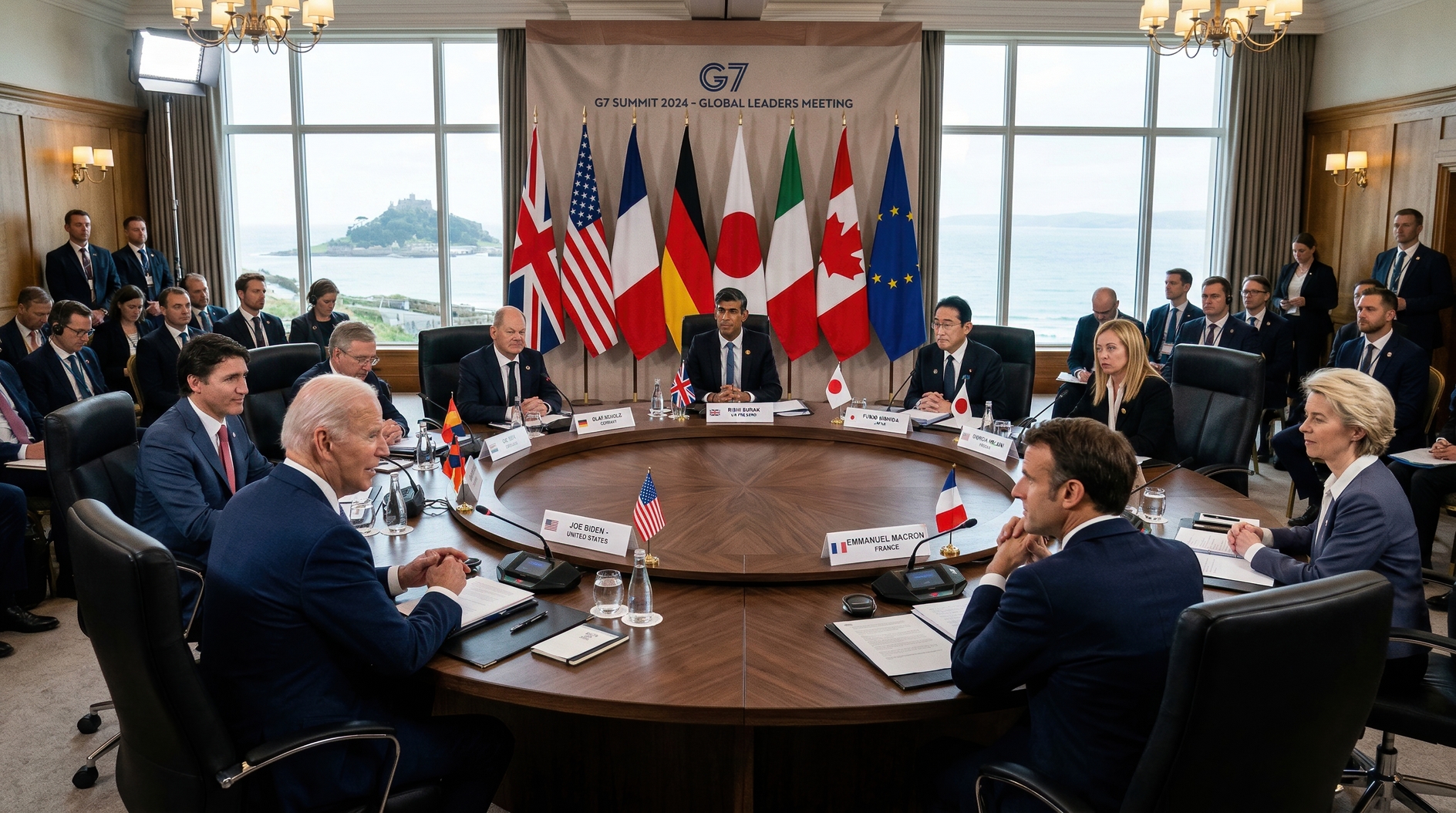 World leaders around circular conference table at G7 summit with coastal view in Cornwall