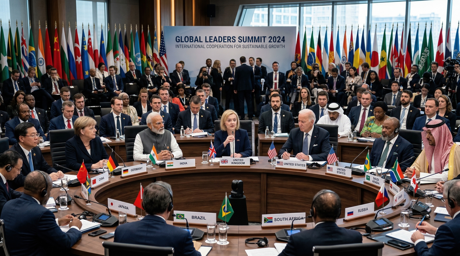 World leaders discussing sustainable growth at international summit in modern conference hall
