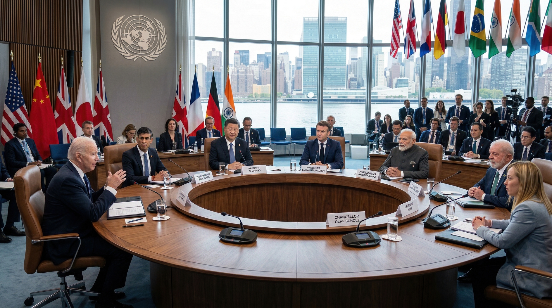 Global leaders around circular table at United Nations conference overlooking New York City skyline