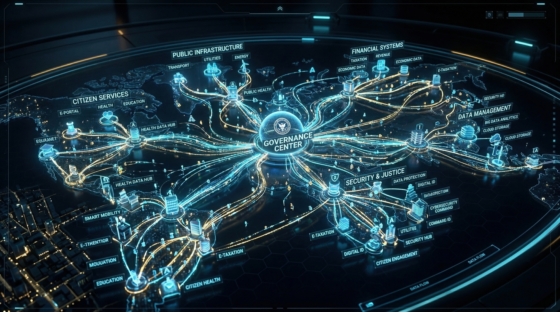 Futuristic global governance data network illuminated by neon blue light and digital connections
