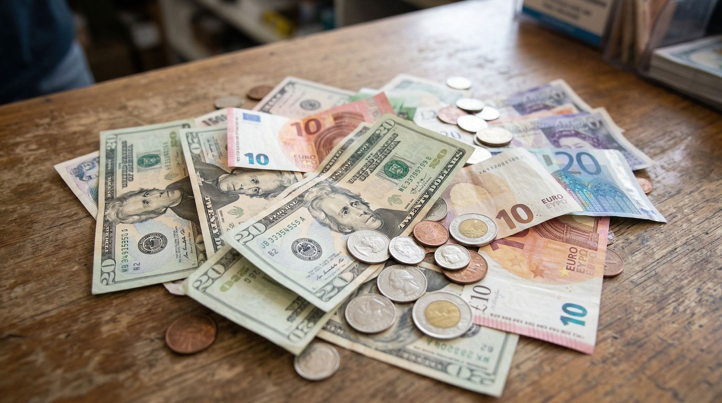 Assorted US Dollar and Euro Banknotes with Scattered Coins on Rustic Wooden Table