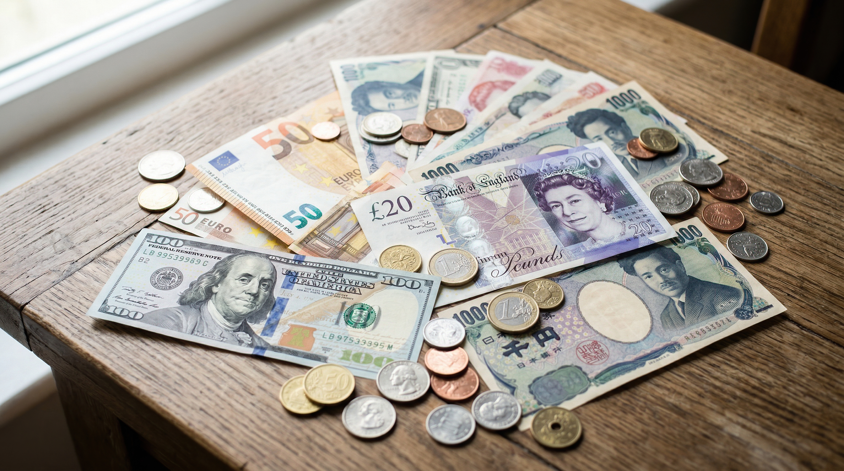 Assorted international currencies with coins and banknotes on wooden table in natural daylight