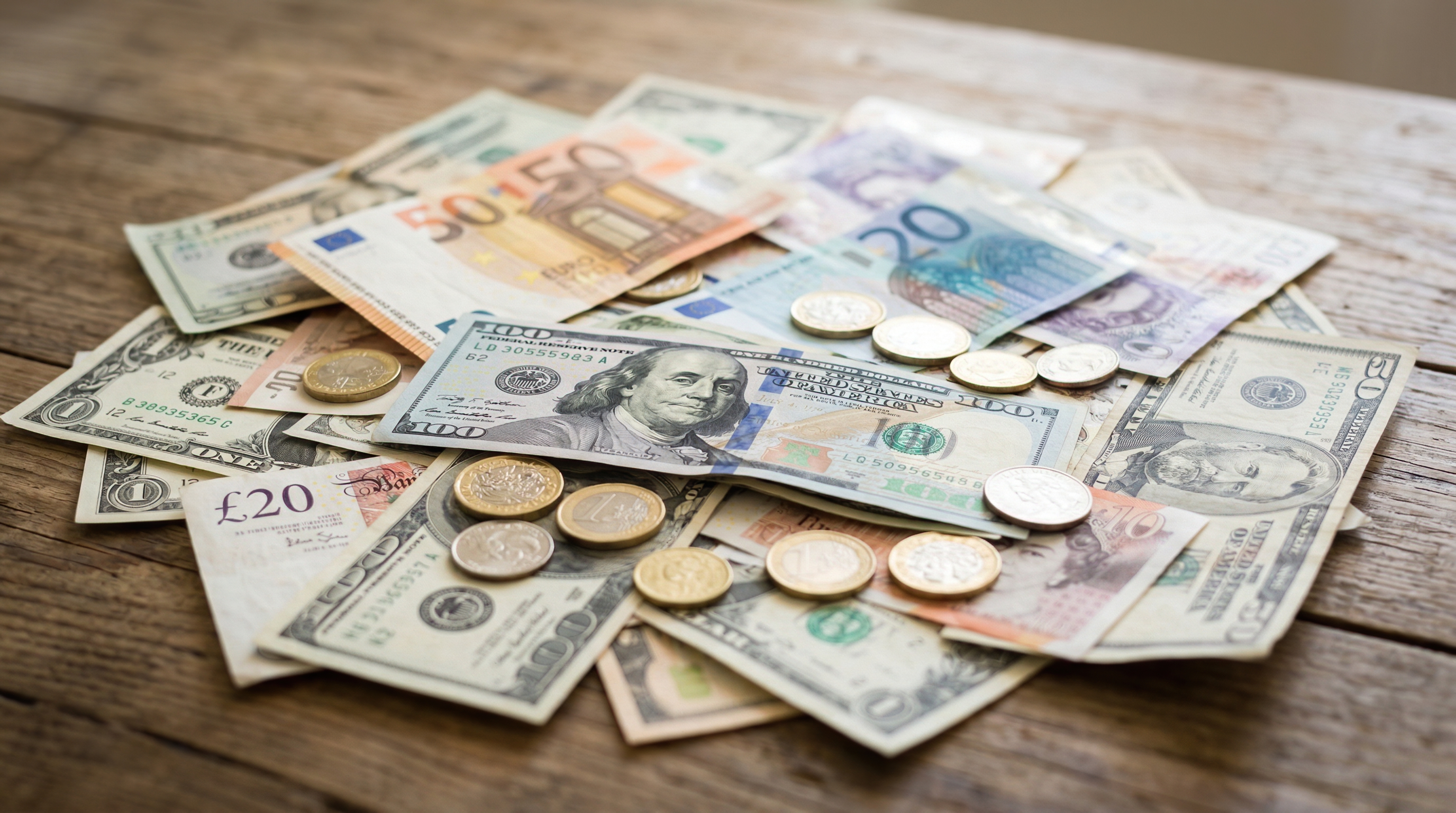 Assorted international banknotes and coins spread on rustic wooden table in natural light
