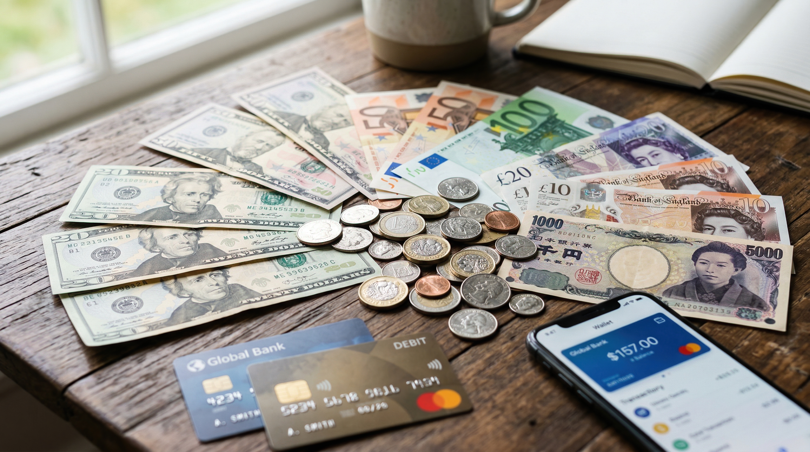 Various international currencies and digital banking concept on rustic wooden table in natural light
