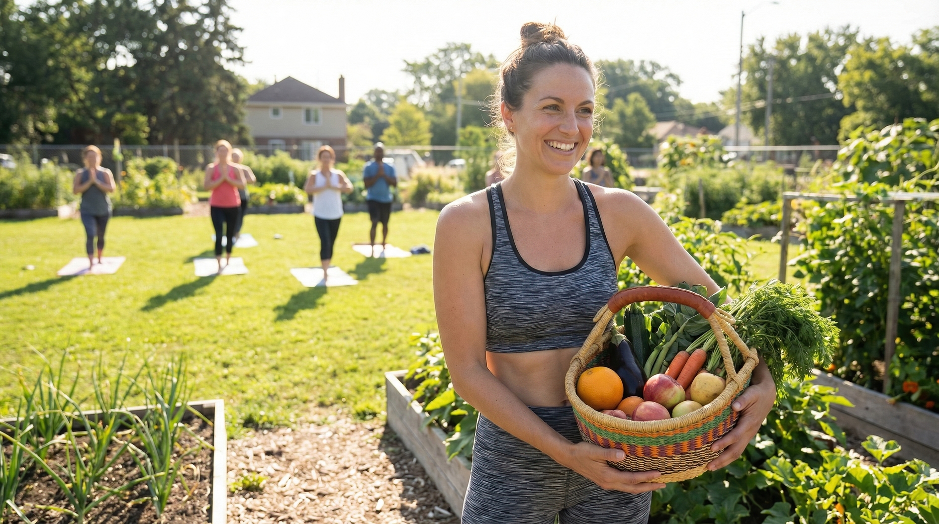 Smiling woman holding basket of fresh vegetables in sunny community garden with yoga group