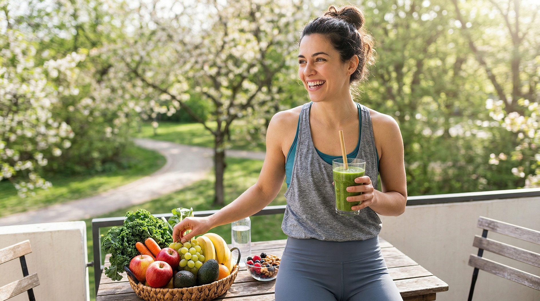 Smiling woman enjoying green smoothie and fresh fruit outdoors on sunny spring morning terrace