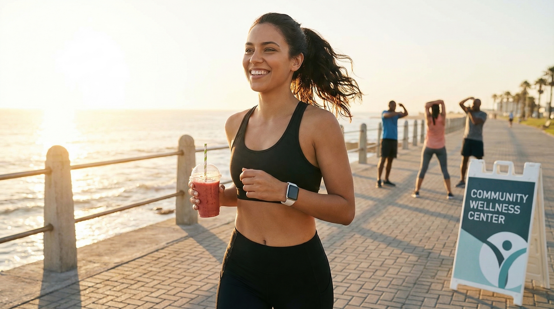 Smiling woman jogging along seaside promenade at sunrise with smoothie and fitness tracker