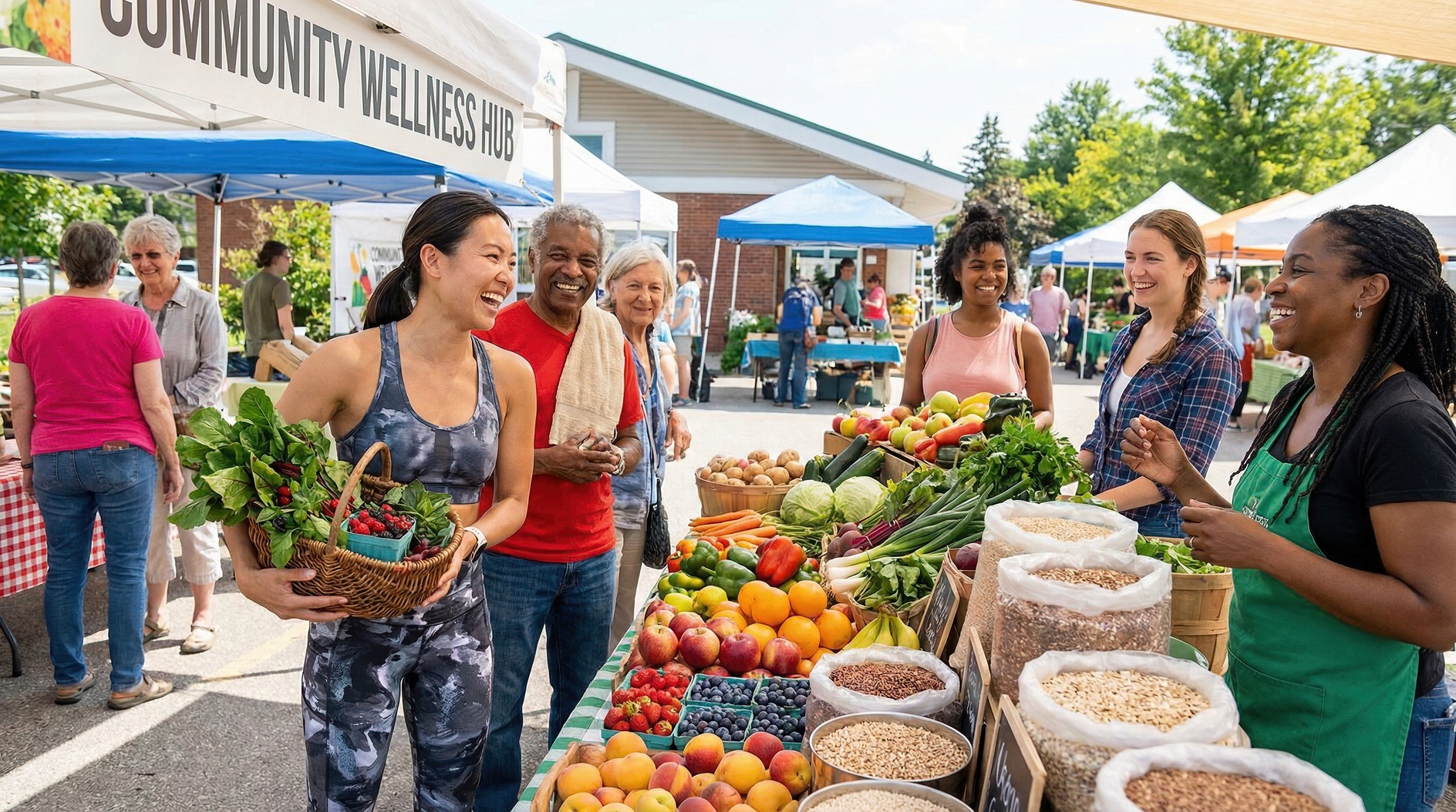 Crowd of cheerful shoppers browsing colorful produce at lively outdoor spring farmers market