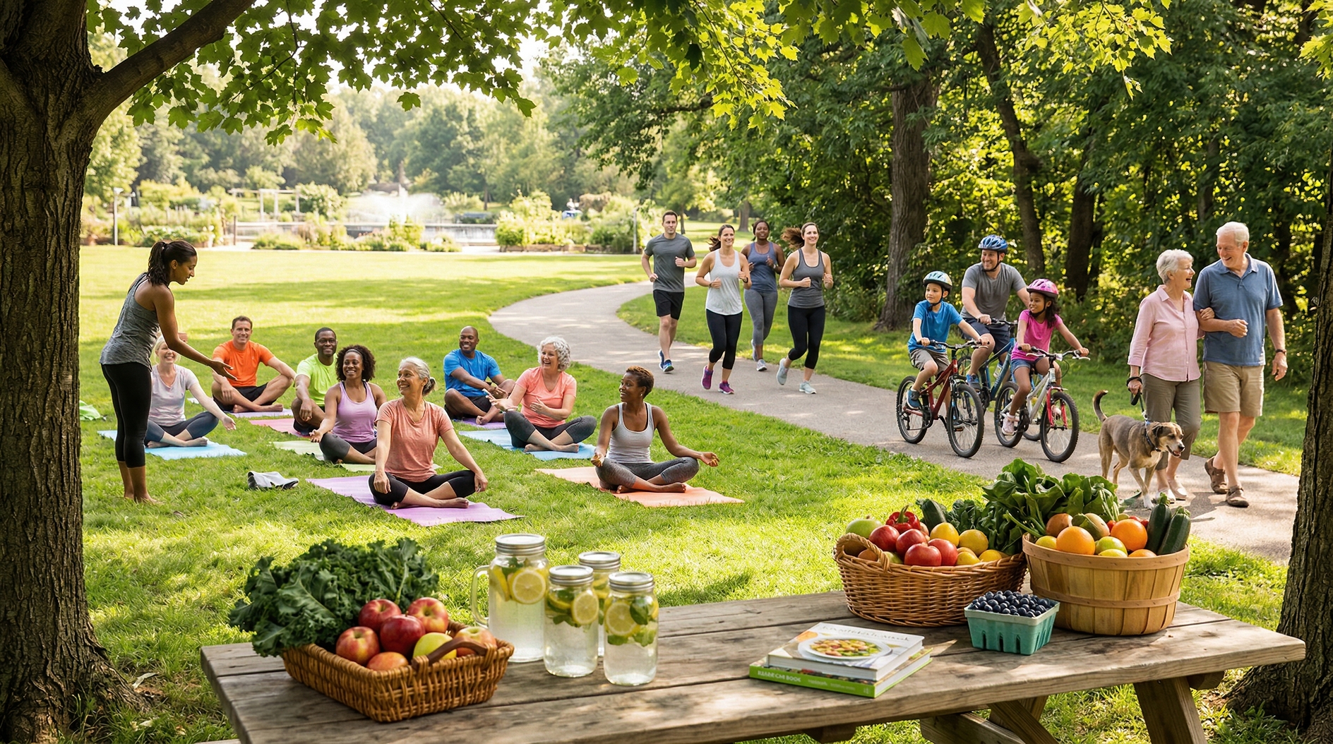 People enjoying outdoor fitness and relaxation in sunny green park with fresh fruit picnic table