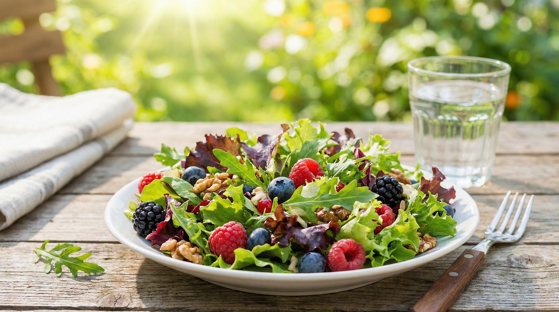Fresh berry and walnut salad on rustic wooden table in sunny outdoor garden setting