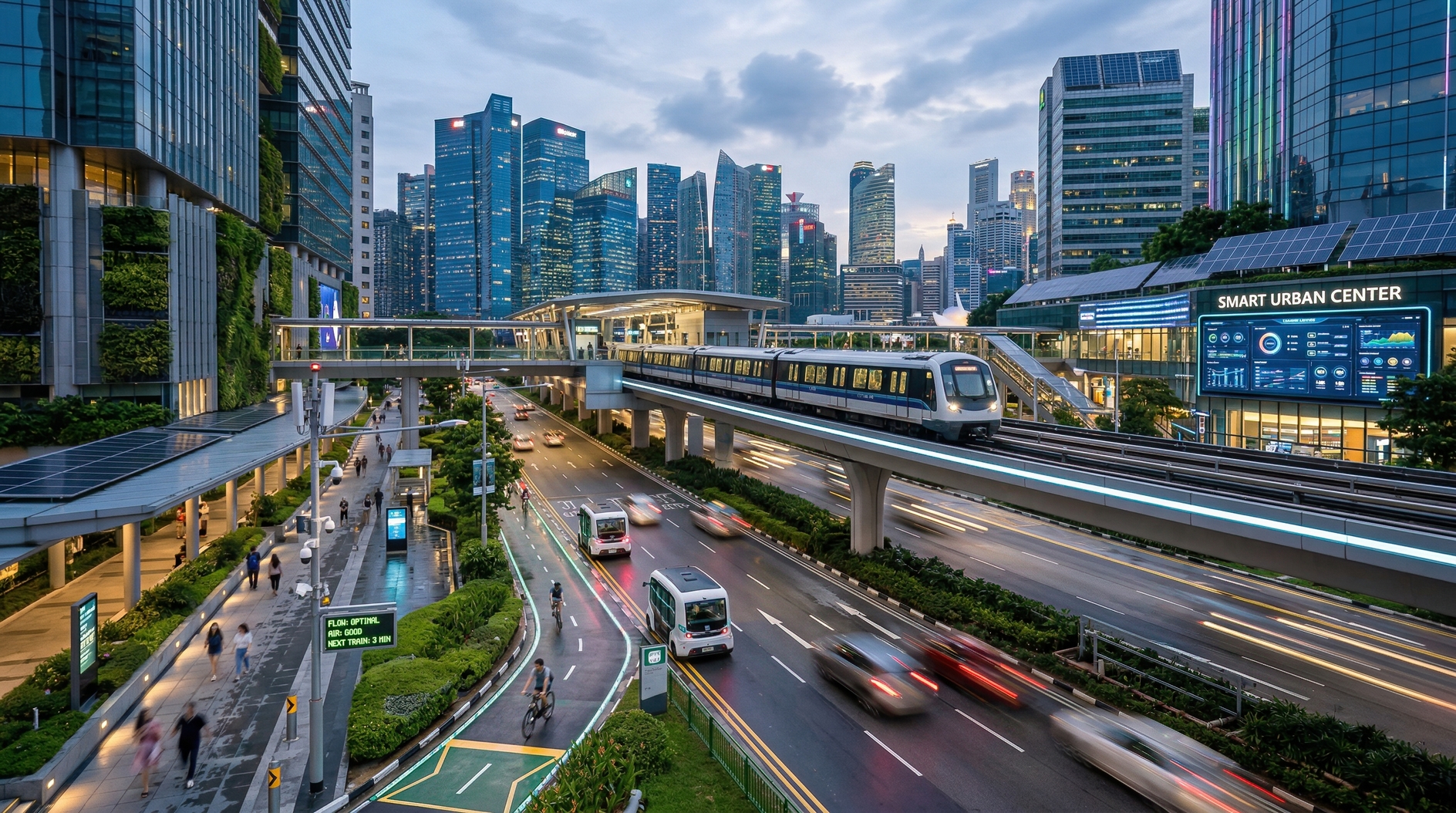 Modern elevated metro train passing through futuristic smart city district at dusk in Singapore
