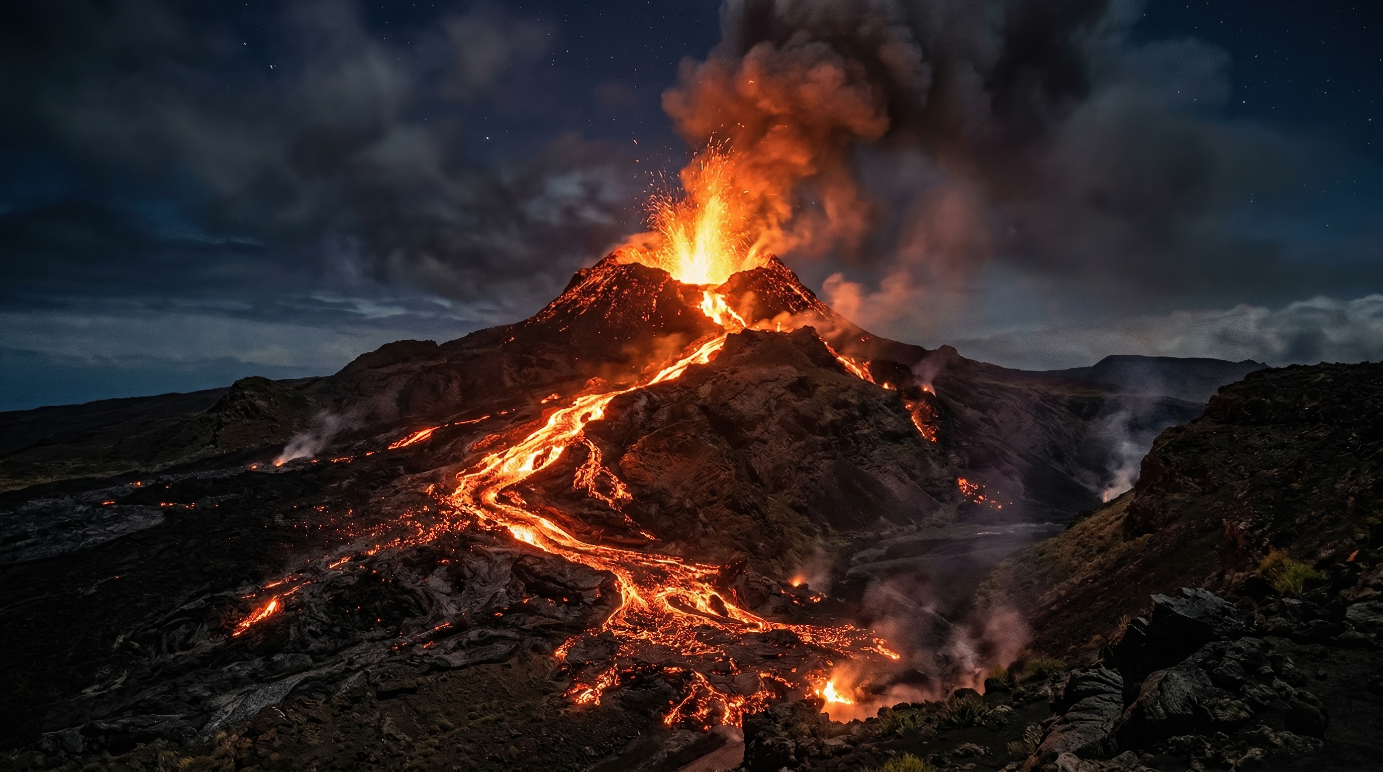 Nighttime volcanic eruption with glowing lava flows and smoke under dramatic cloudy sky