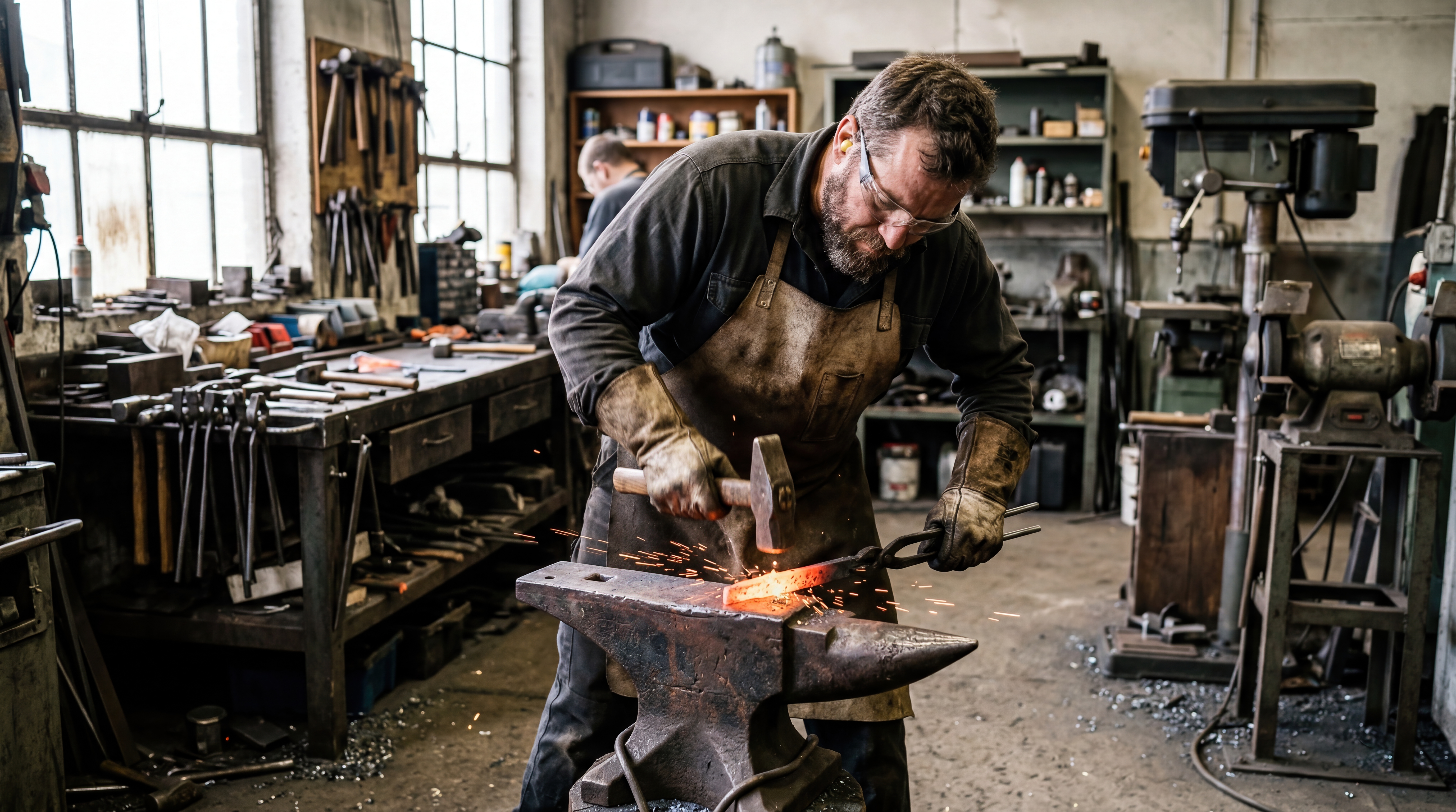 Skilled blacksmith forging glowing metal on anvil in traditional workshop interior