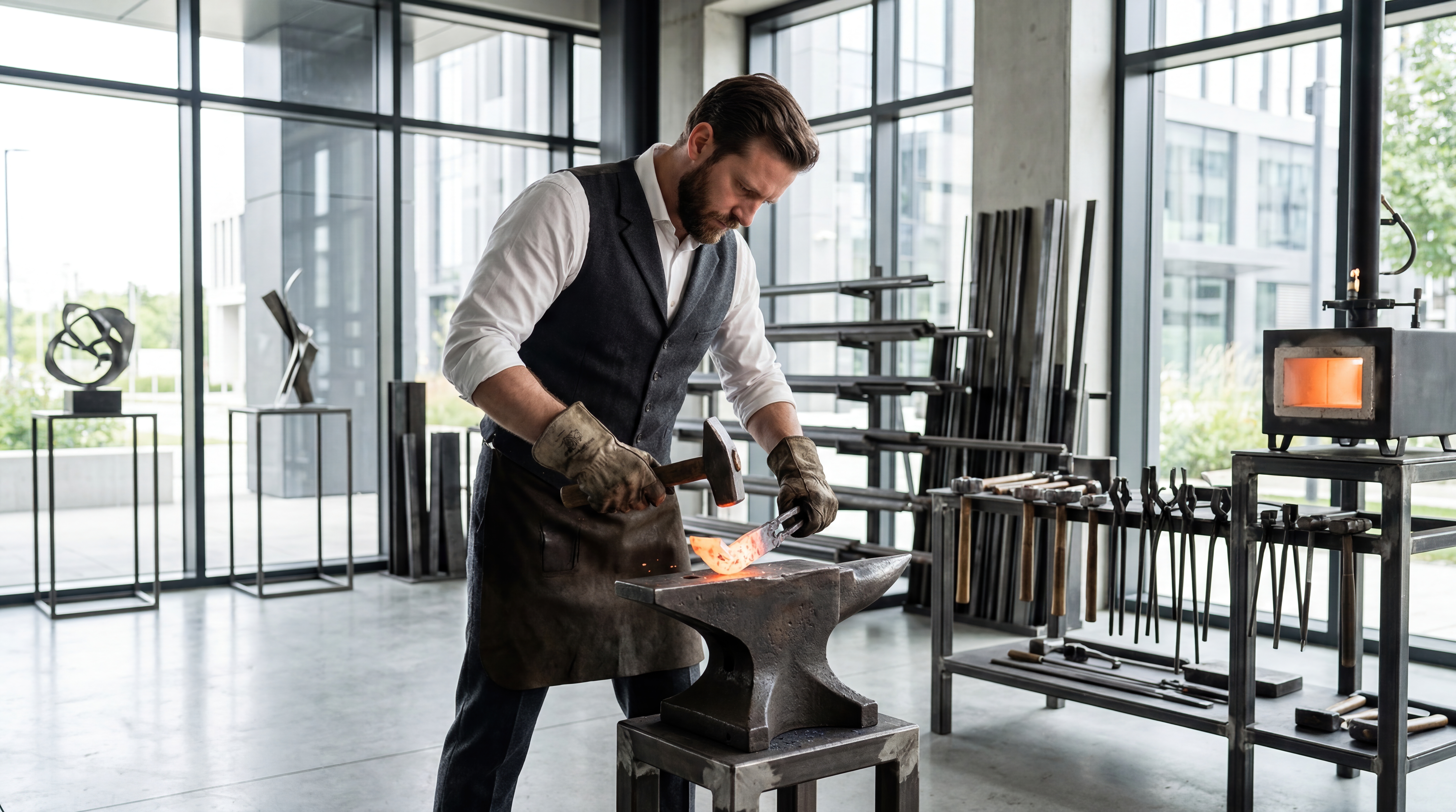 Blacksmith forging heated metal blade on anvil in modern industrial workshop with large windows