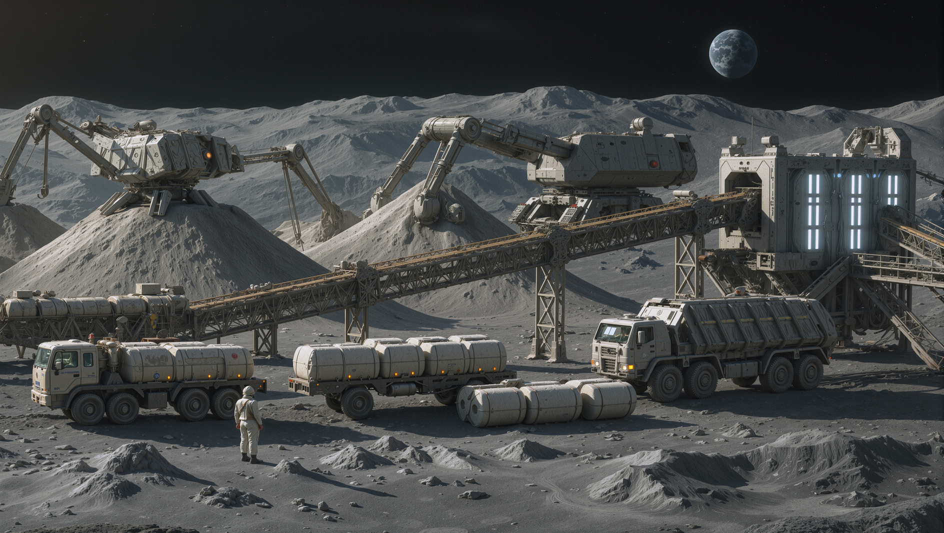 Futuristic lunar mining base with robotic excavators and transport vehicles under Earthrise view