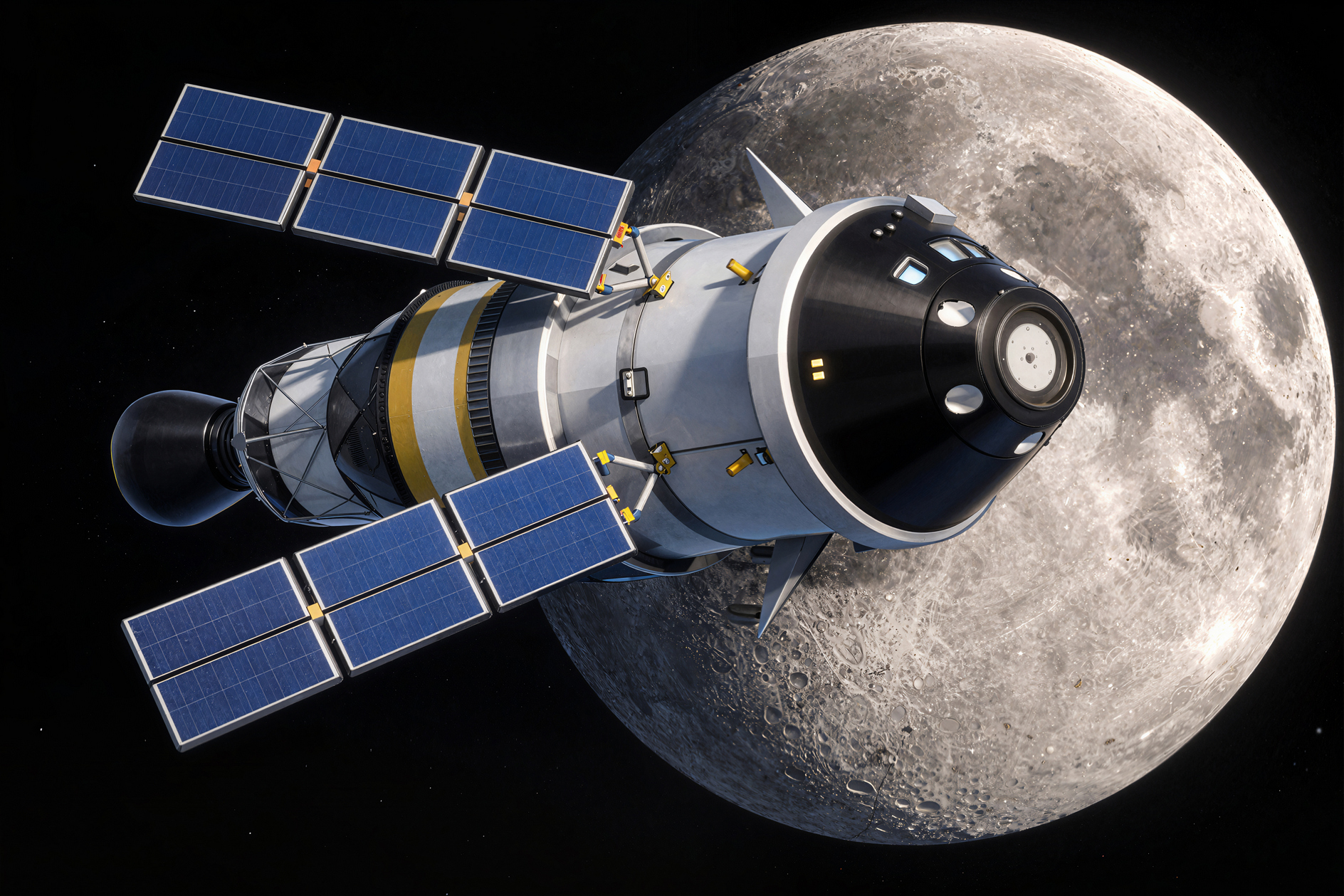 Modern spacecraft orbiting the Moon with solar panels illuminated by sunlight in deep space