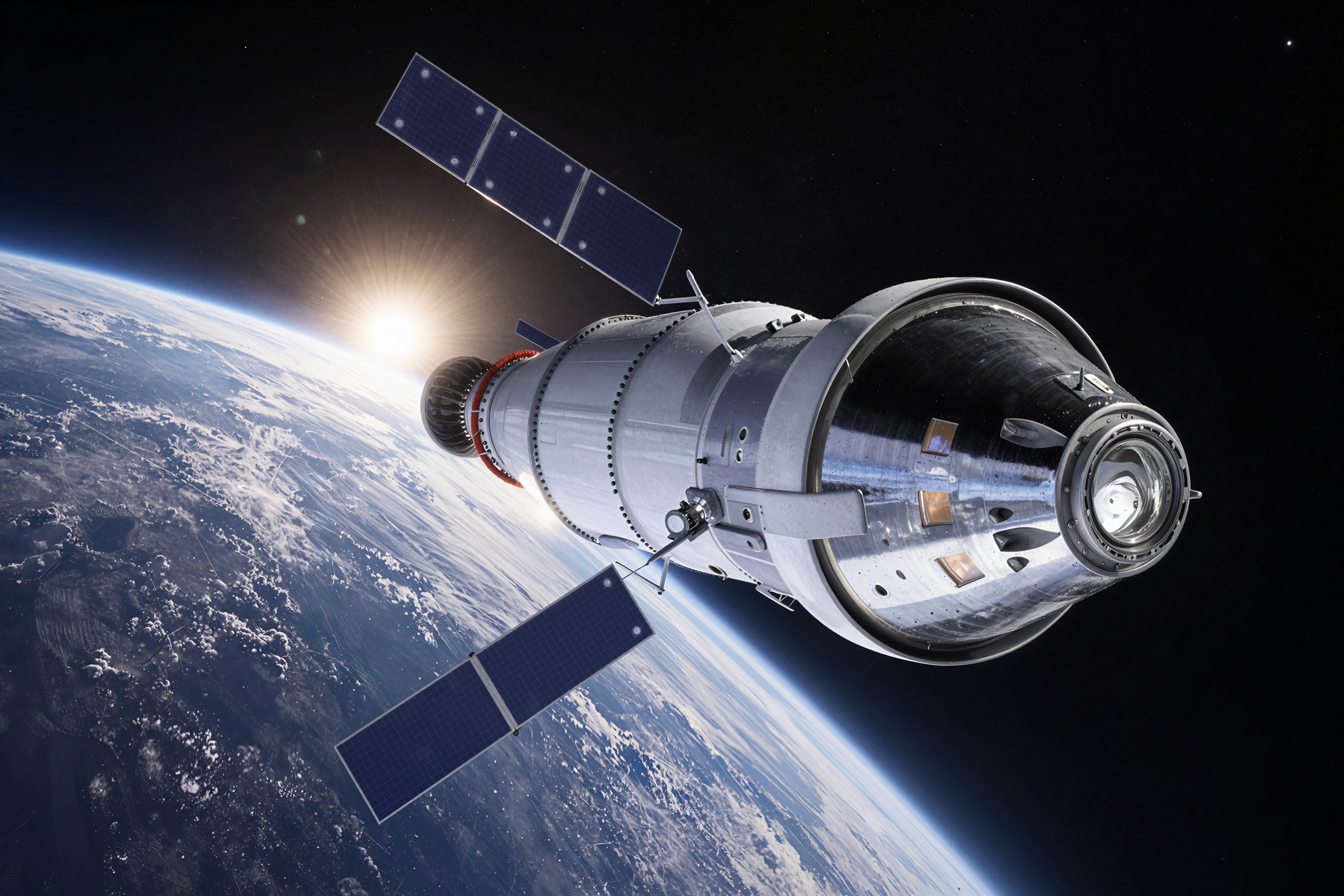 Modern spacecraft orbiting Earth with solar panels illuminated by sunrise above the planet horizon