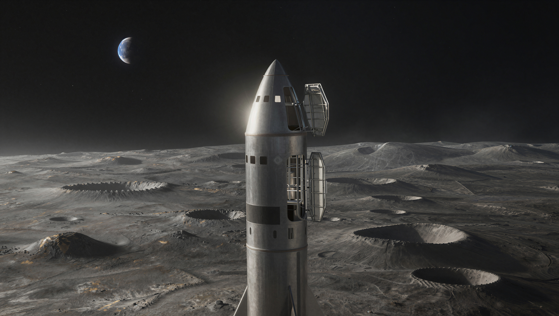 Futuristic rocket lander on lunar surface with Earth visible above cratered landscape at dawn