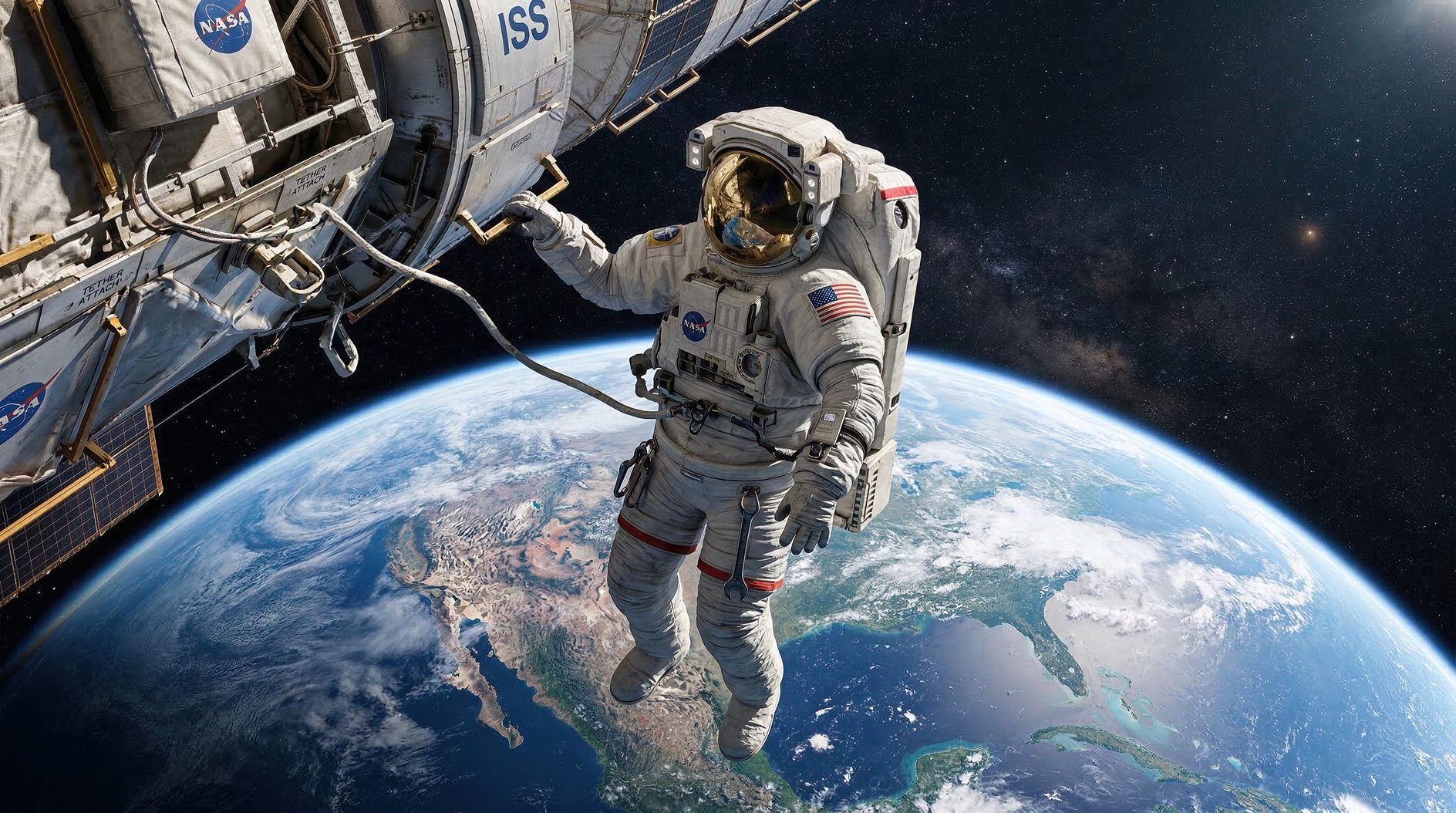 Astronaut performing extravehicular activity outside International Space Station above sunlit North