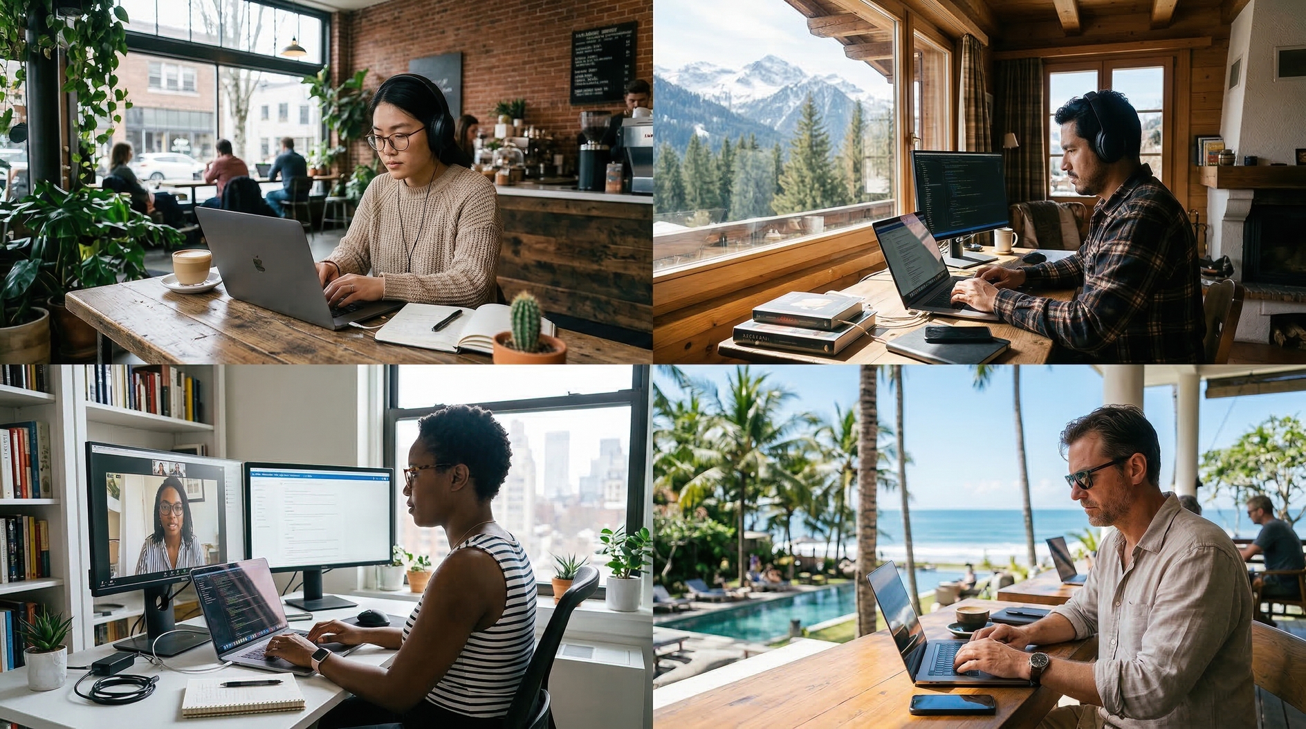 Remote workers using laptops across diverse global settings including cafe, mountain cabin, office,