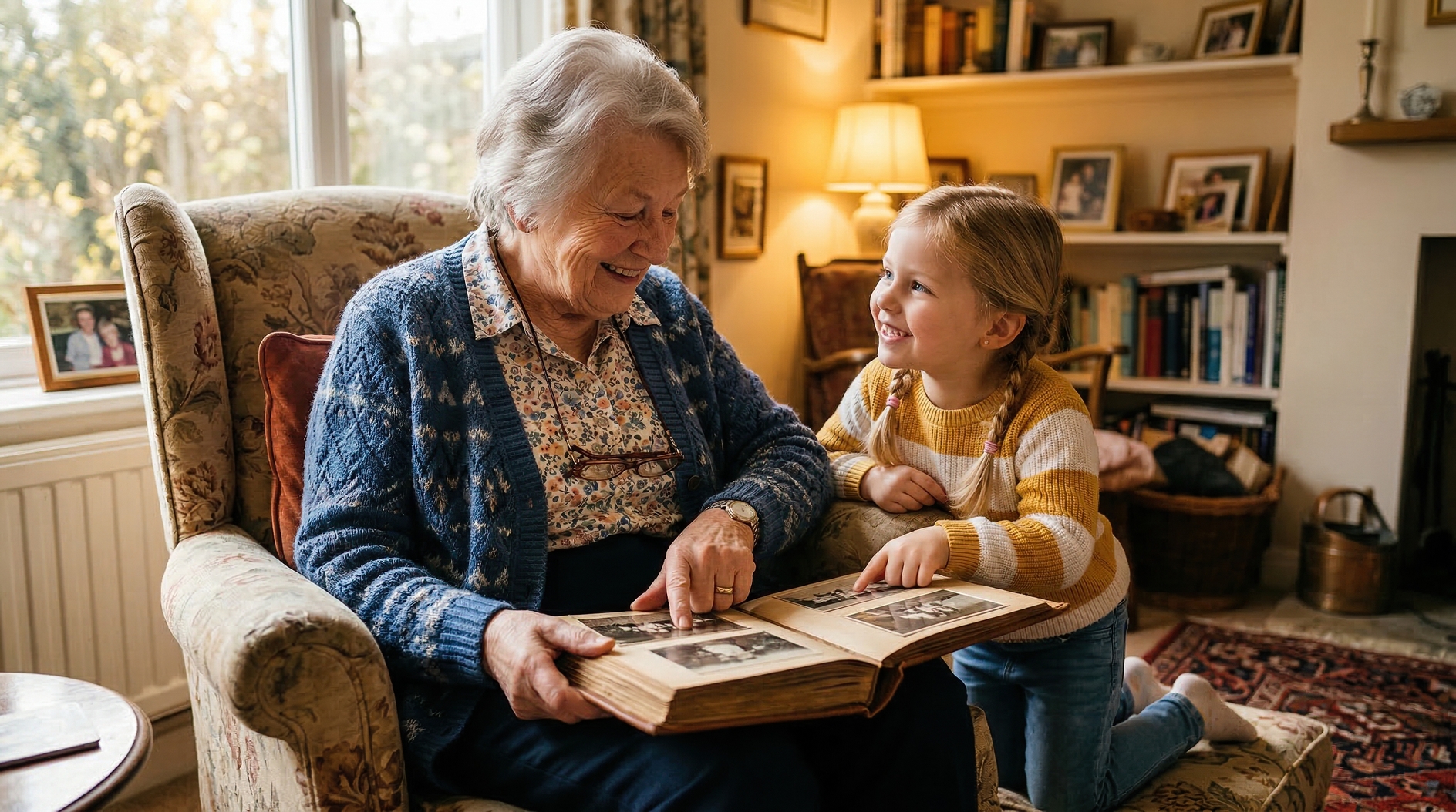 Smiling grandmother sharing old photo album with granddaughter in cozy living room afternoon light