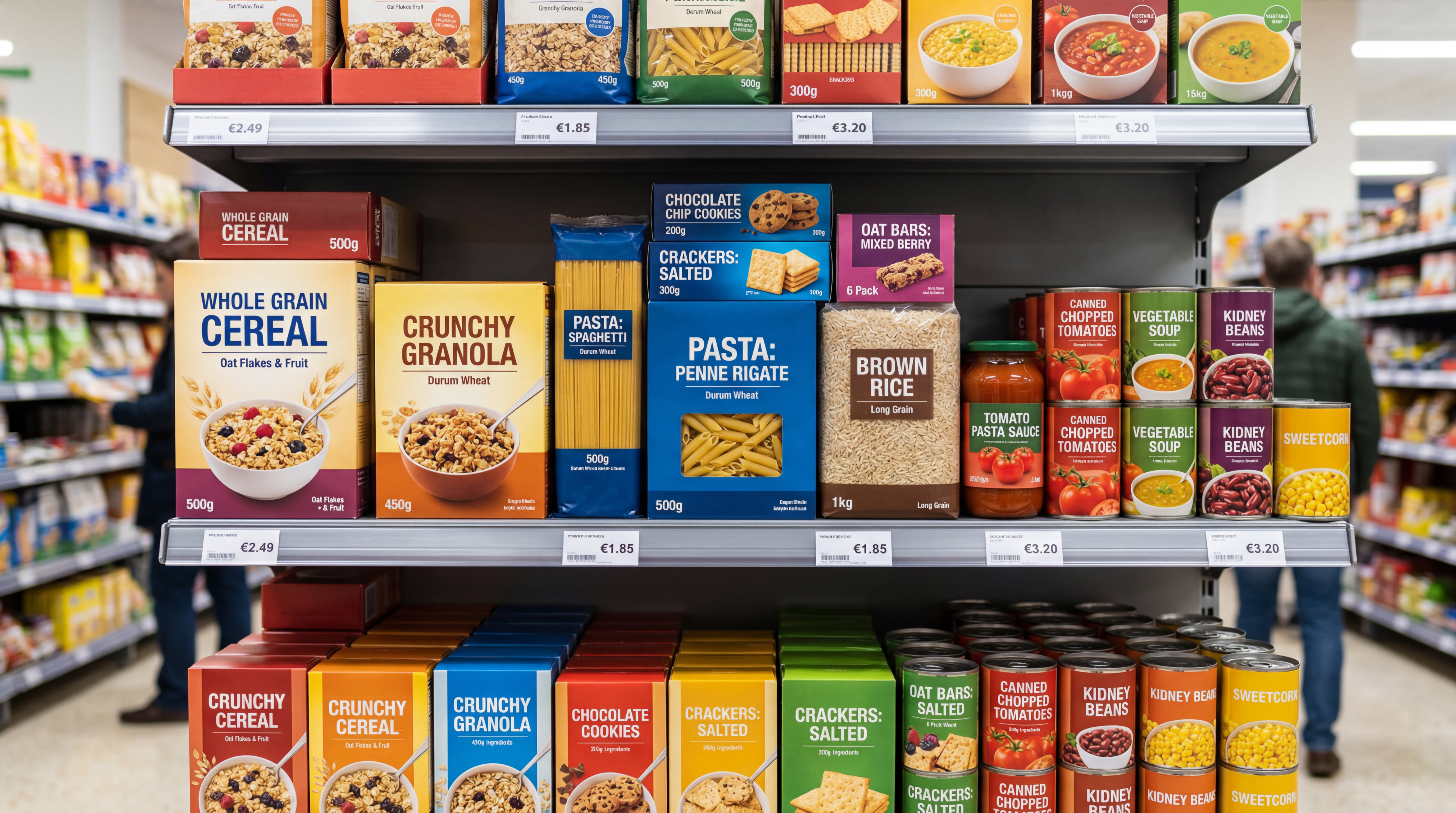Assorted packaged food products neatly arranged on supermarket shelves under bright indoor lighting
