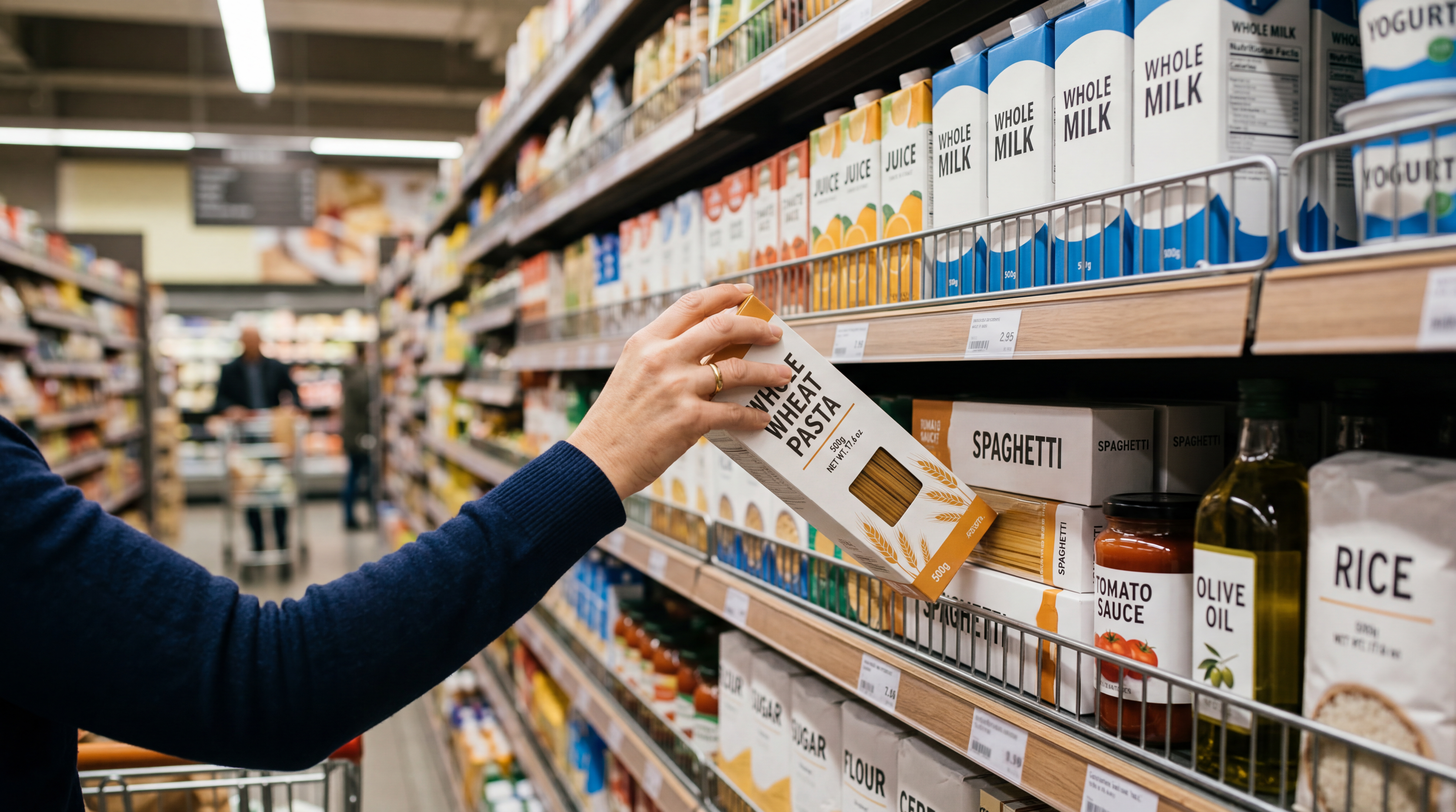 Shopper selecting whole wheat pasta from grocery store shelf under bright indoor lighting
