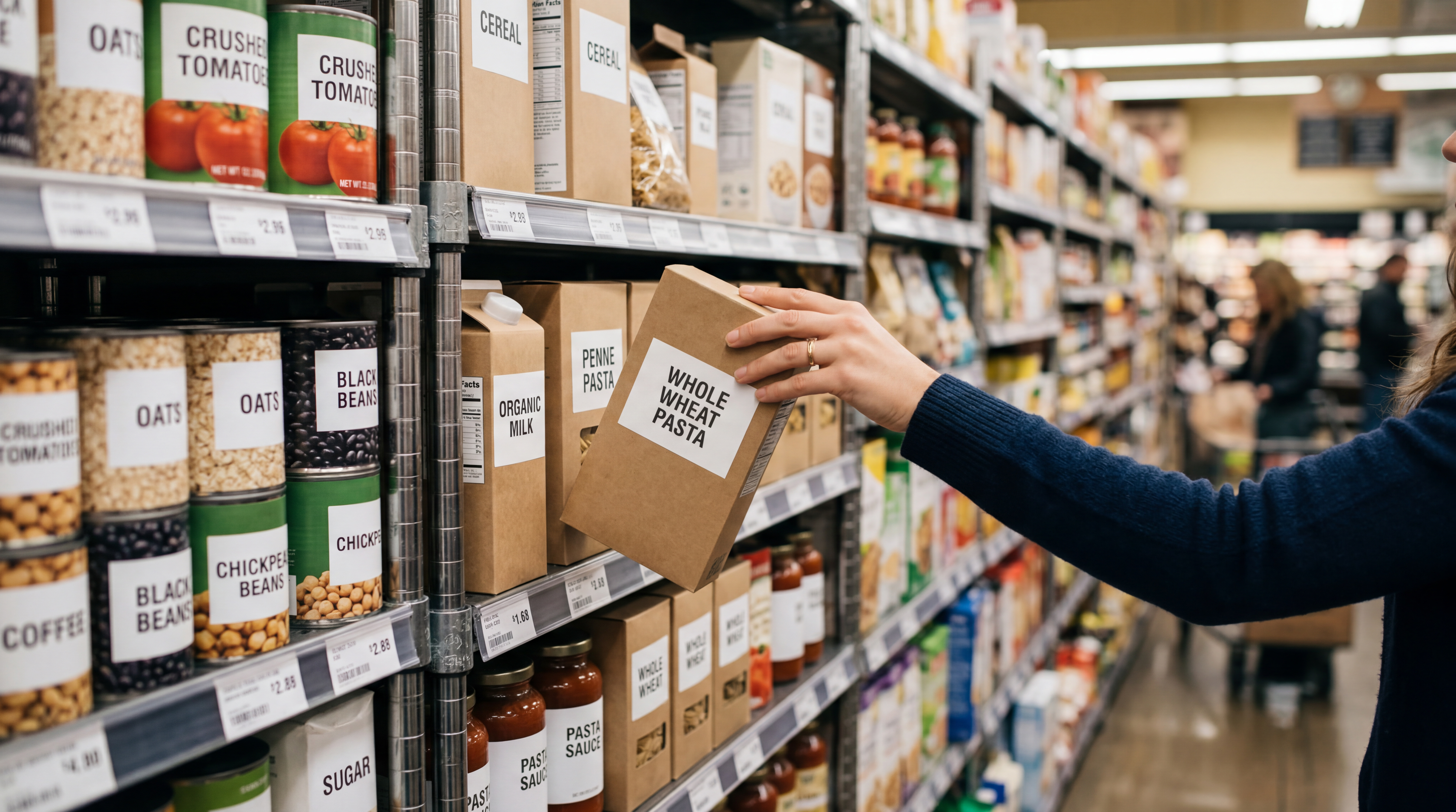 Shopper selecting whole wheat pasta from grocery store shelf under bright indoor lighting