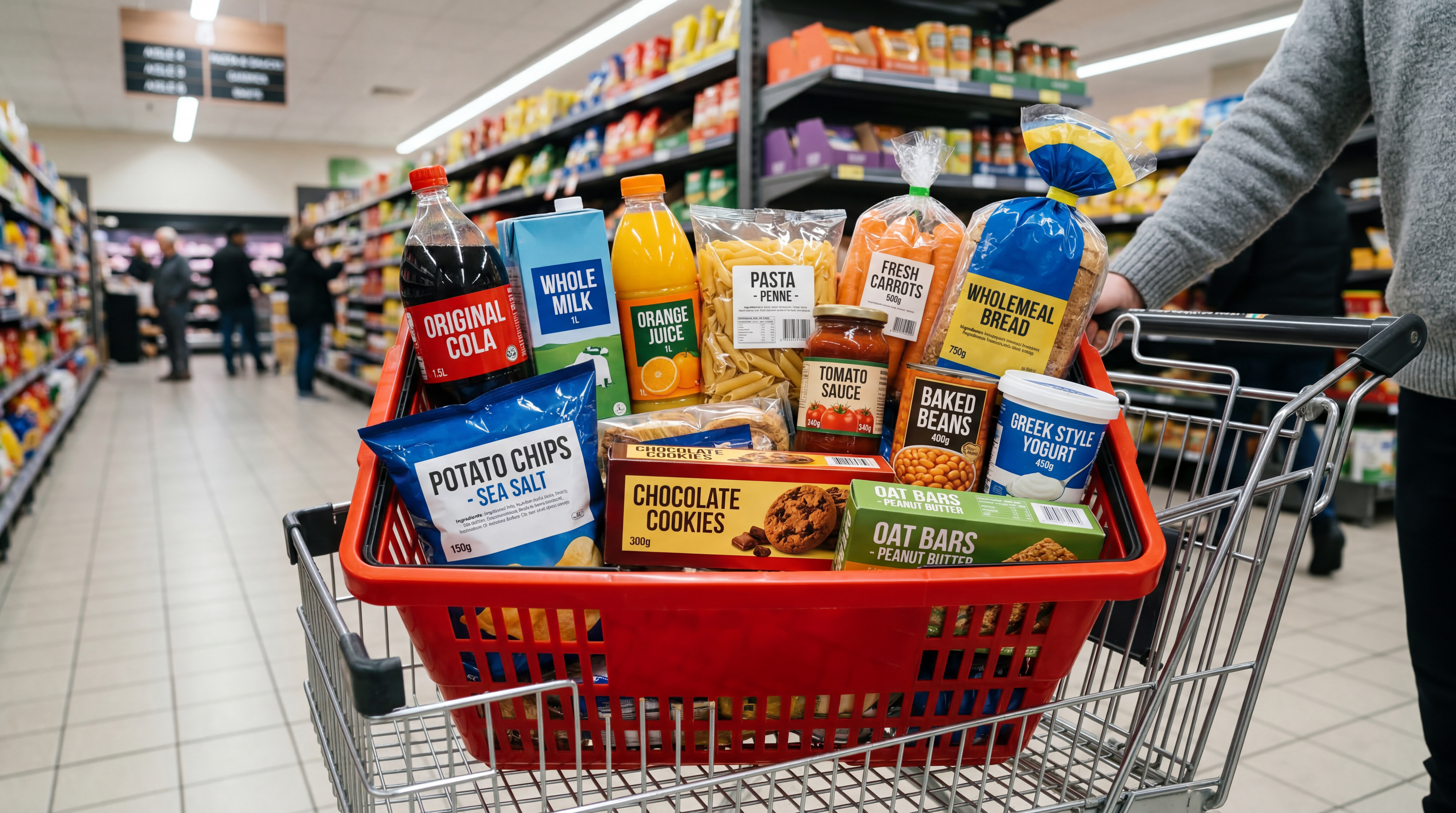 Full shopping basket with assorted groceries in supermarket aisle under bright indoor lighting