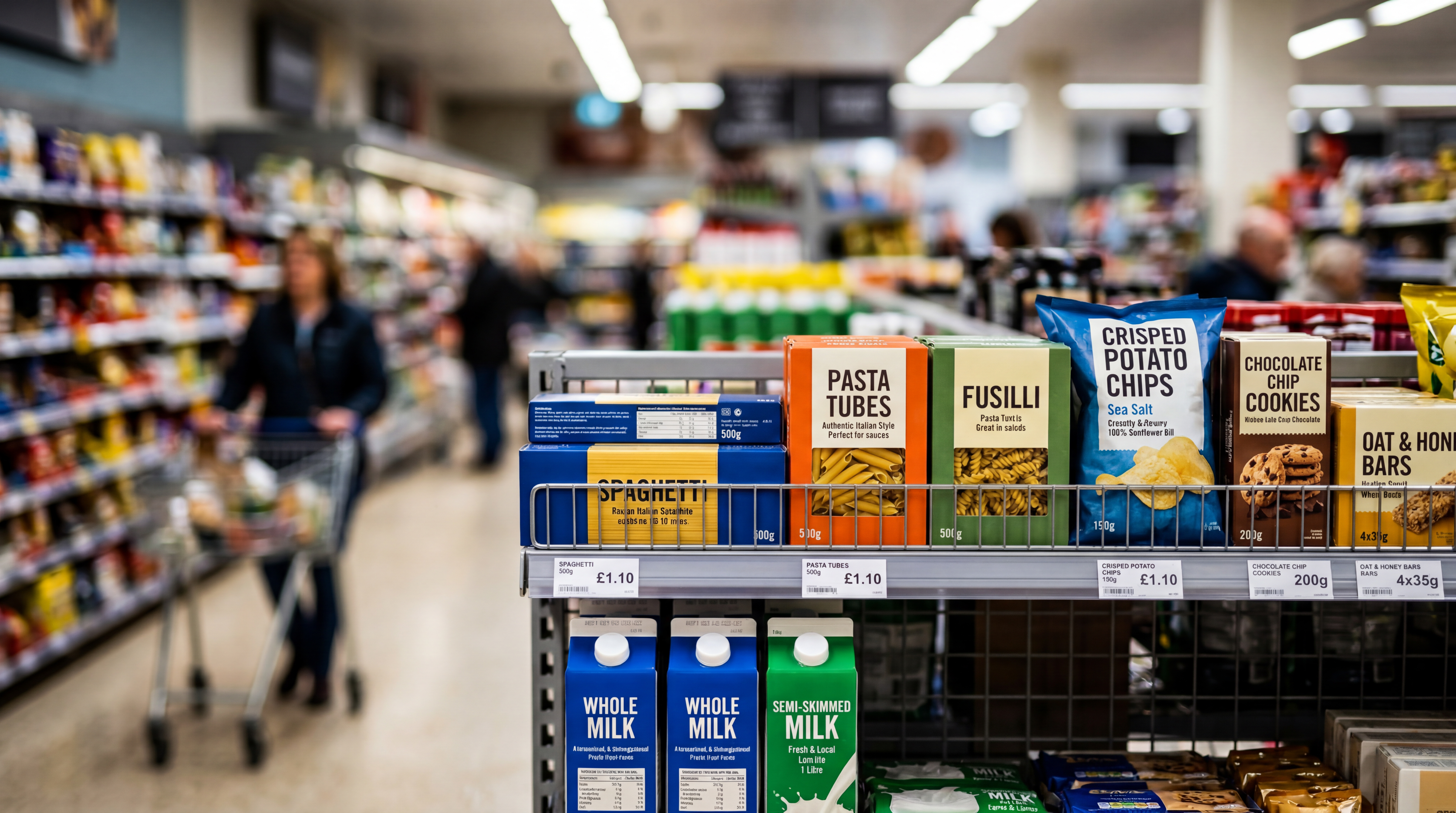 Colorful grocery store aisle with packaged food products and shoppers in soft focus background