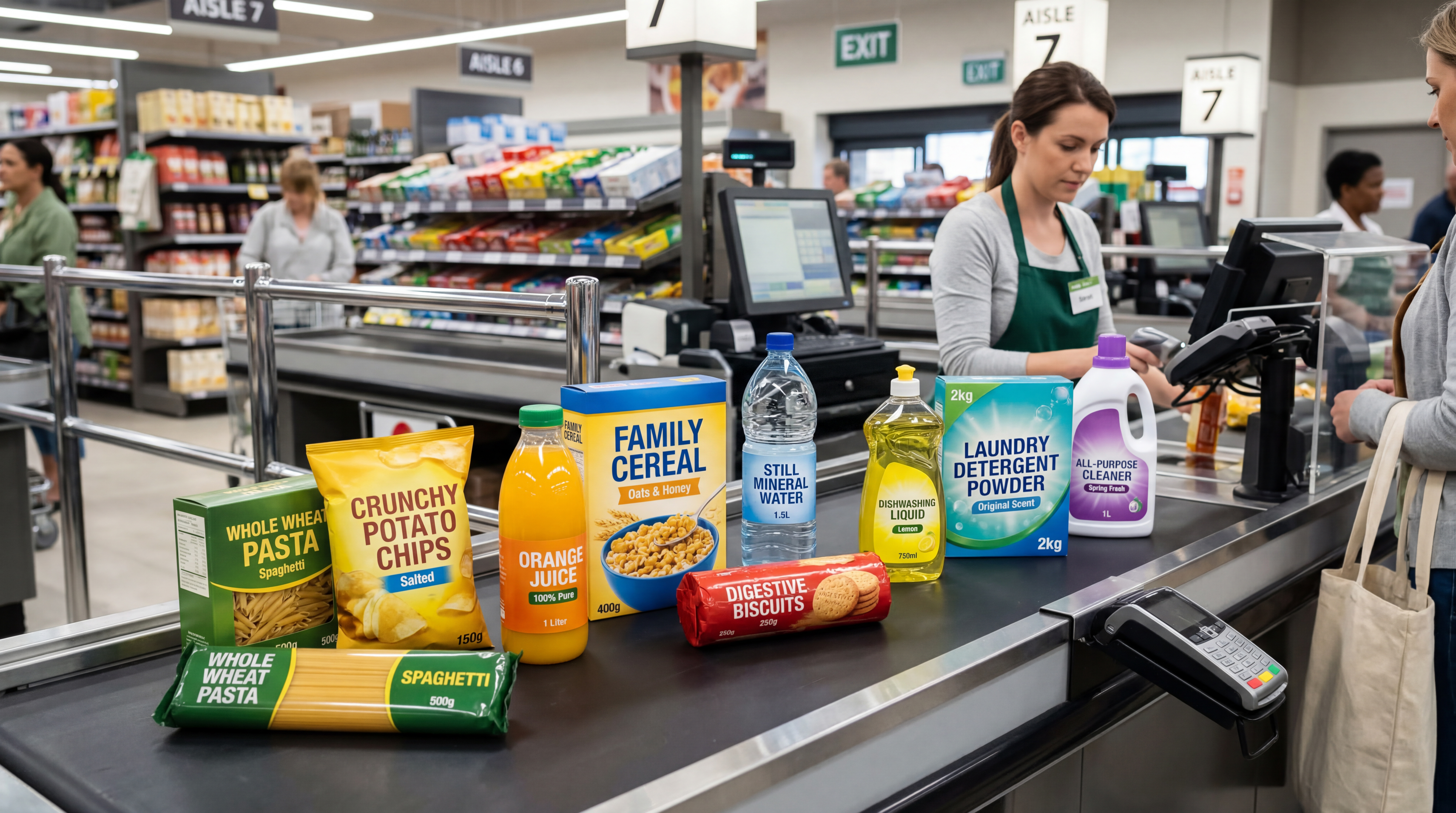 Customer checking out groceries and household items at supermarket checkout counter