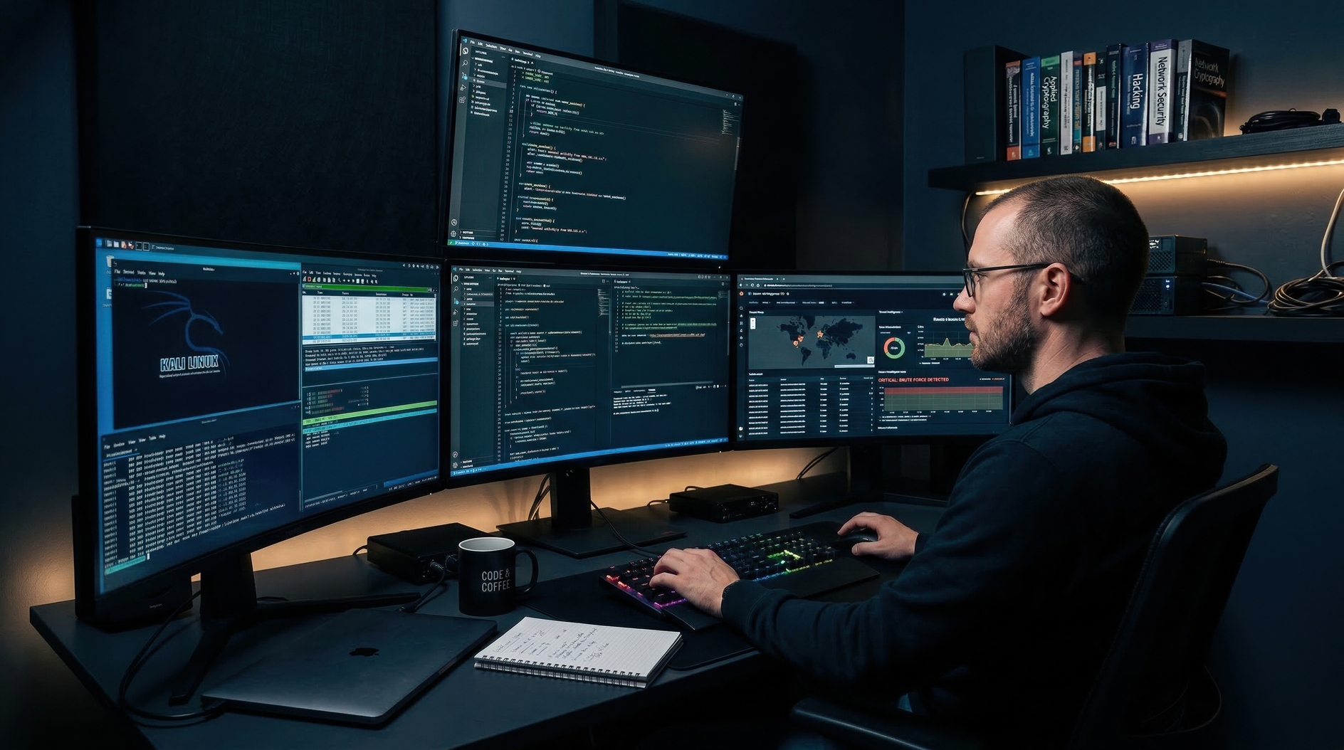 Cybersecurity analyst monitoring network threats on multiple screens in dark modern office workspace