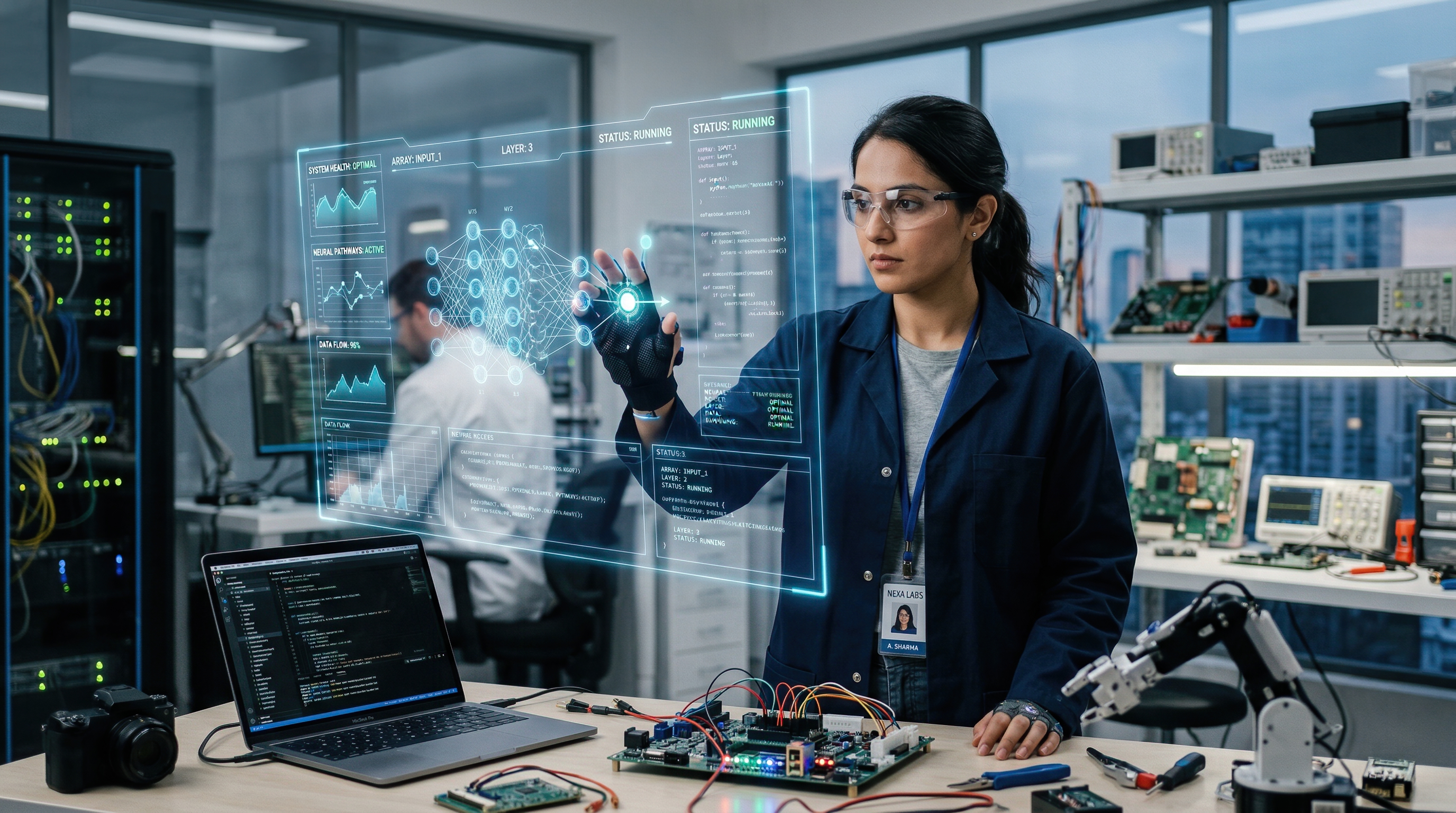 Female Engineer Operating Holographic Neural Network Interface in Futuristic Robotics Research