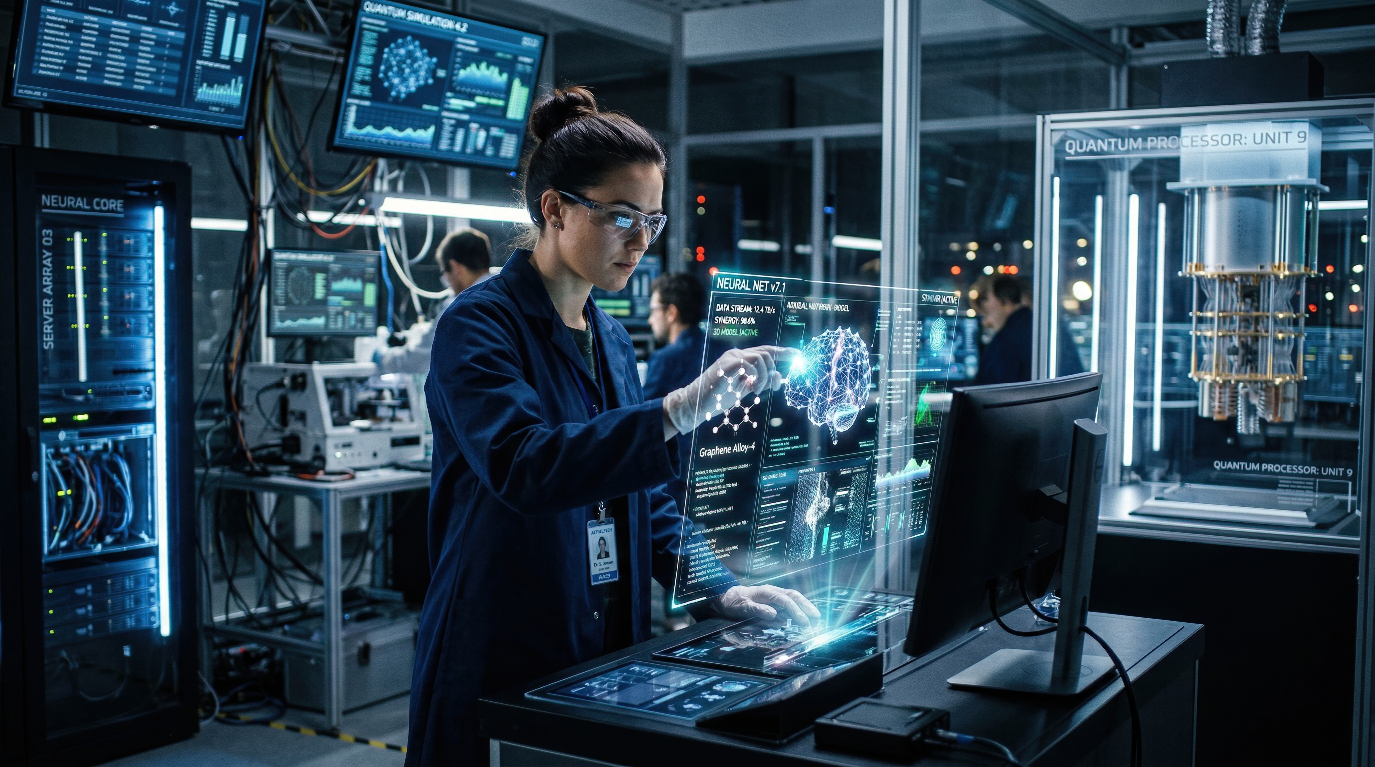 Scientist Using Futuristic Holographic Interface in Quantum Computing Laboratory at Night