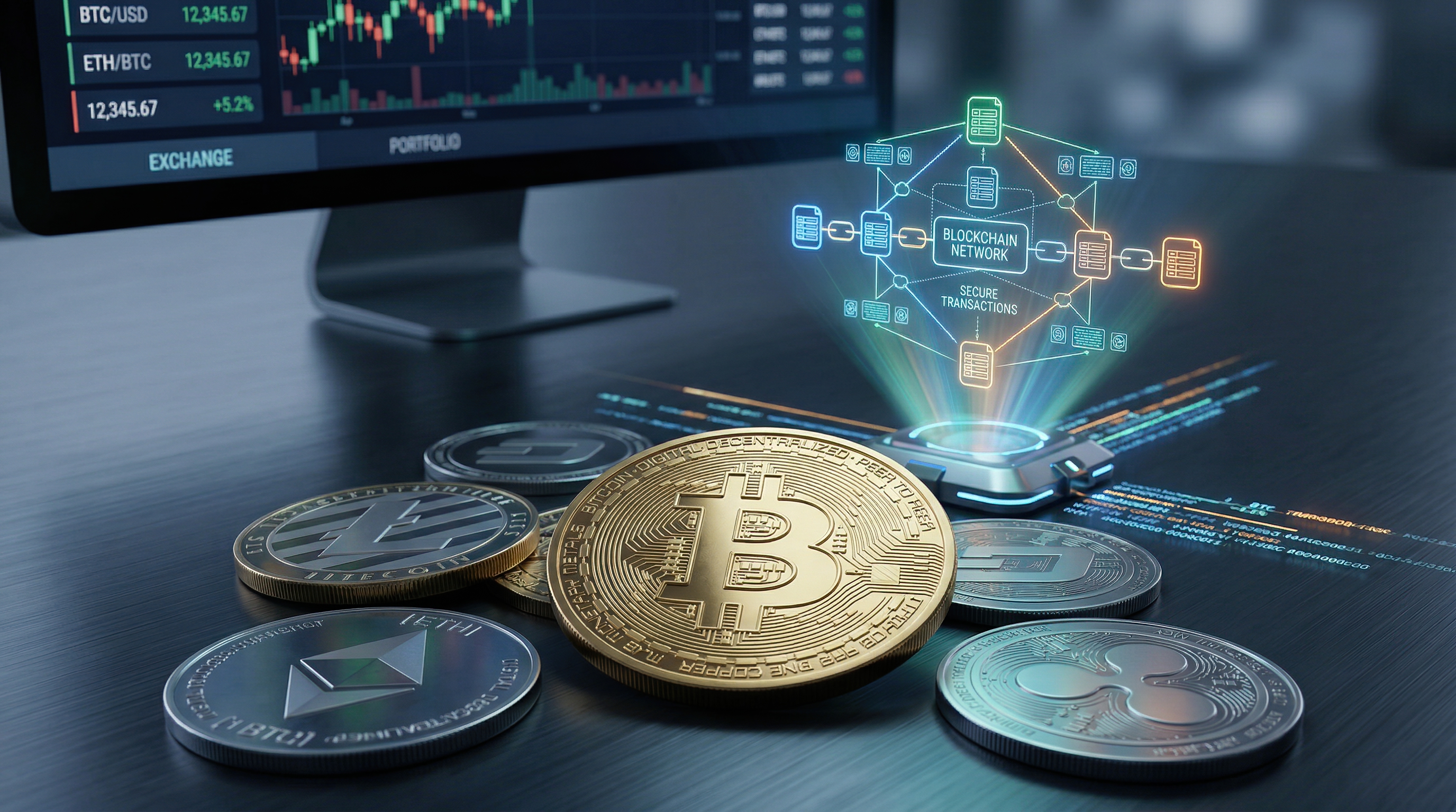 Digital cryptocurrency coins with blockchain network hologram and trading chart on computer screen
