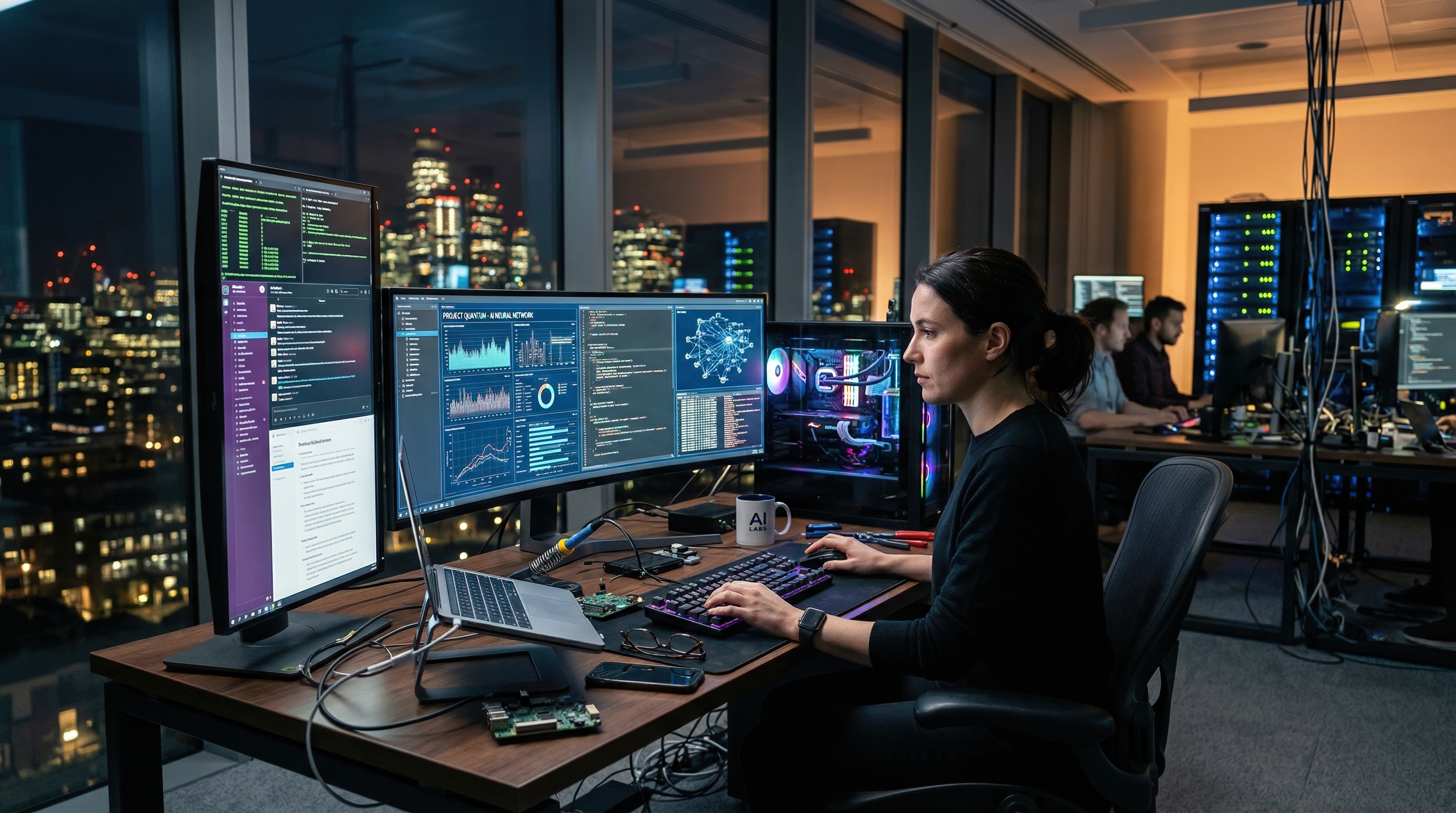 Female data scientist working on artificial intelligence project in modern office at night