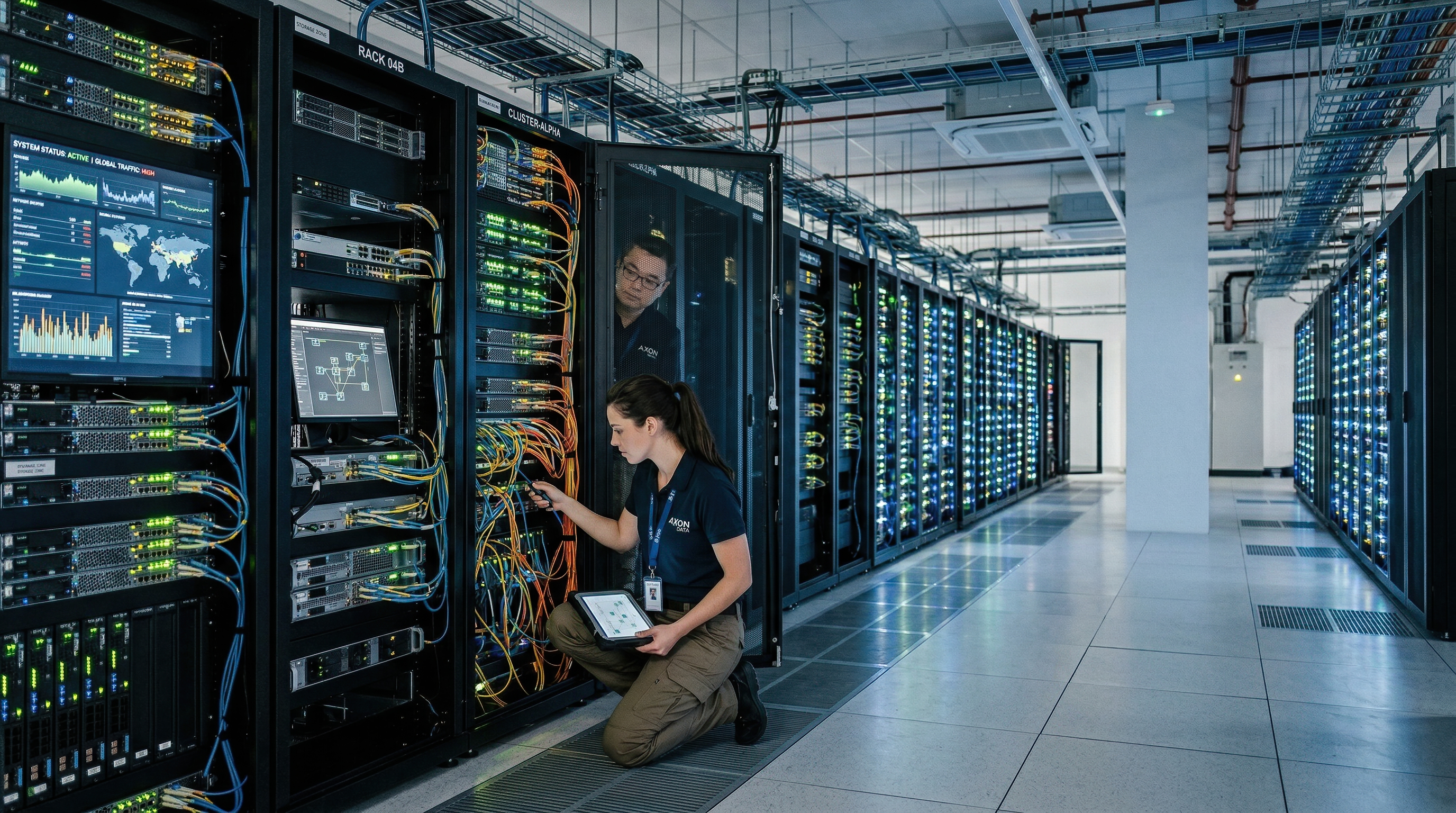 IT engineers maintaining network servers in modern data center with illuminated racks and cables